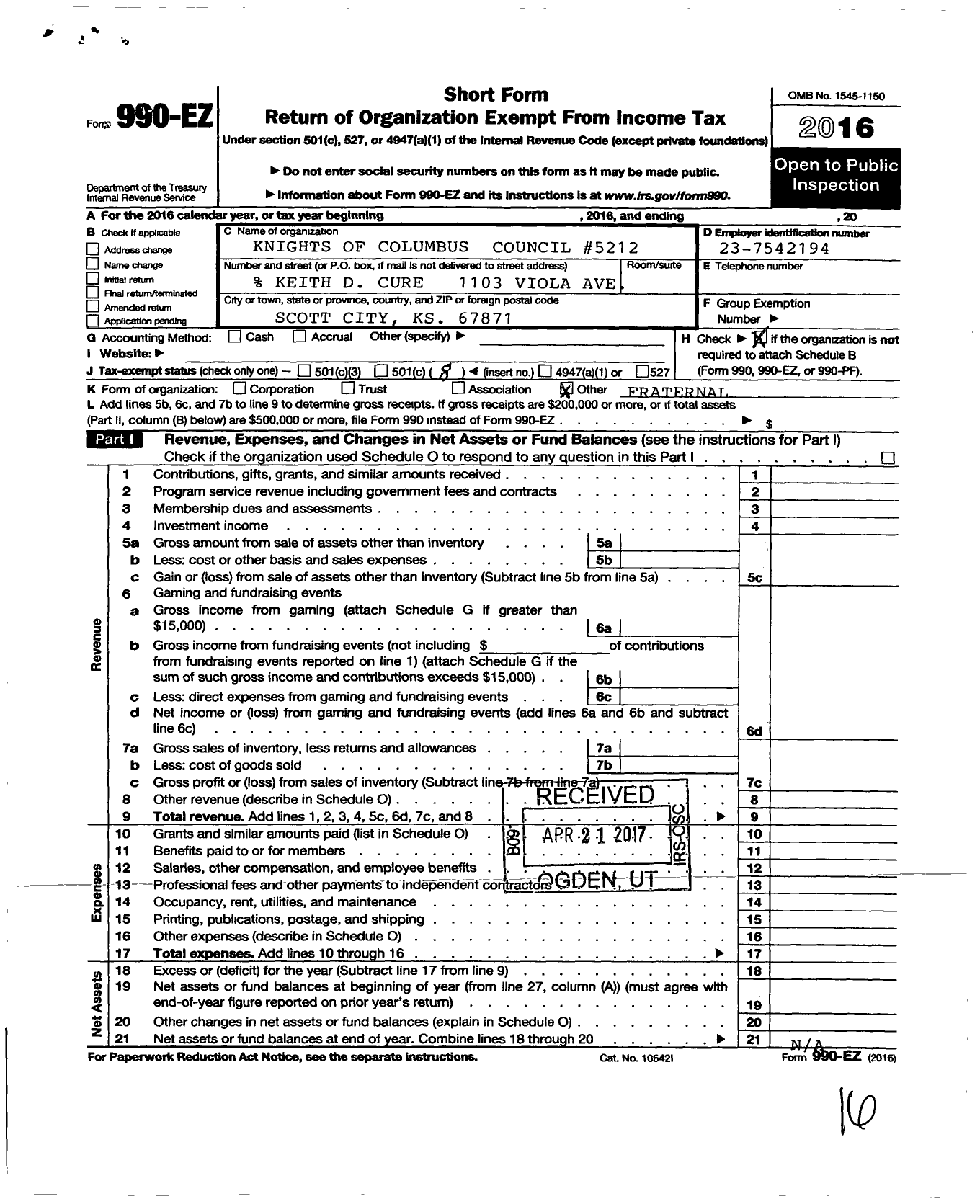 Image of first page of 2016 Form 990EO for Knights of Columbus - 5212 St Josephs Council