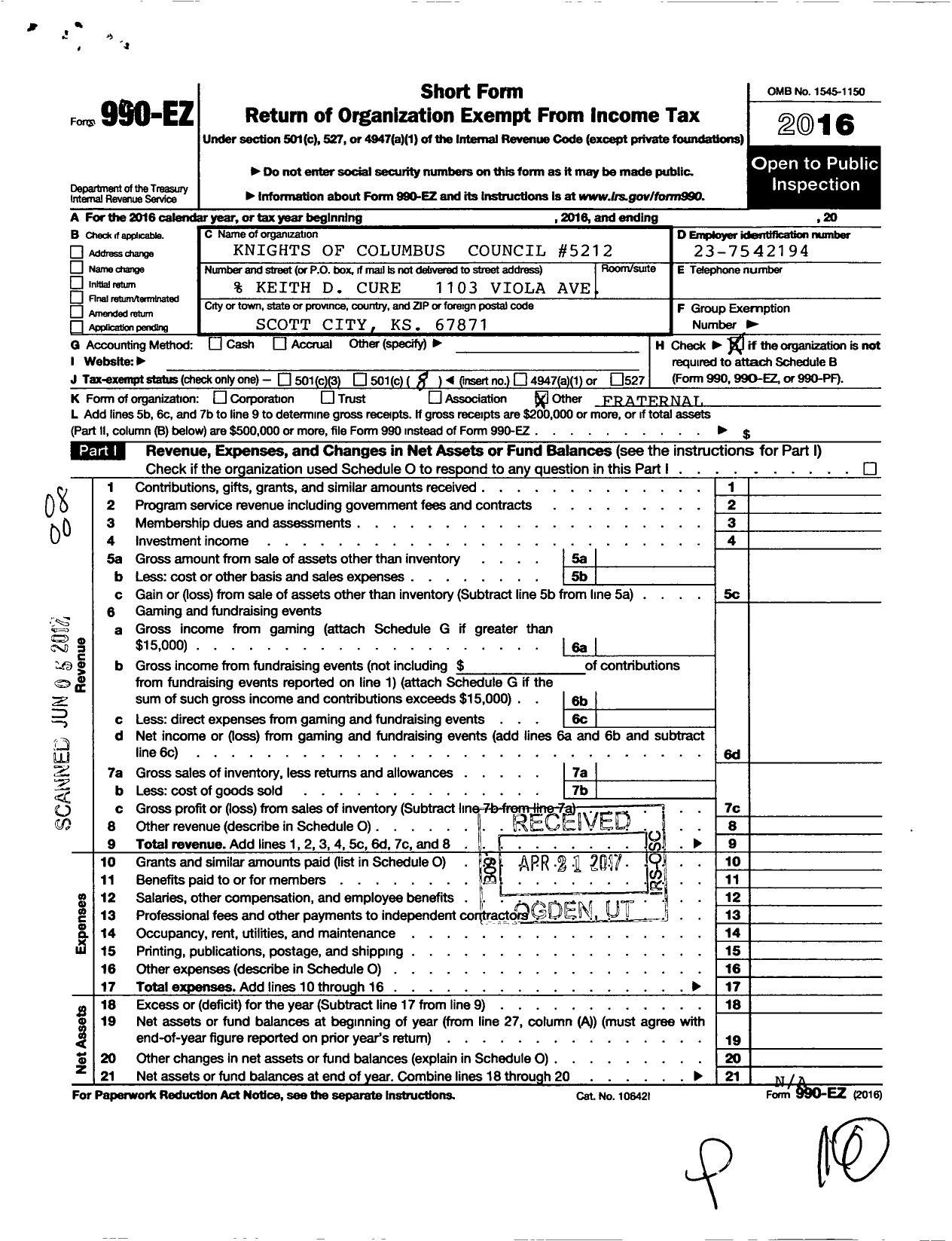 Image of first page of 2016 Form 990EO for Knights of Columbus - 5212 St Josephs Council