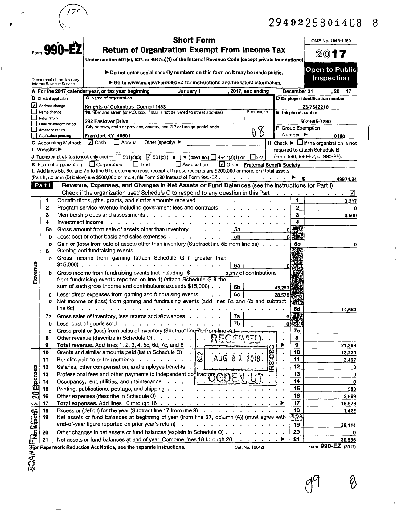 Image of first page of 2017 Form 990EO for Knights of Columbus Council 1483