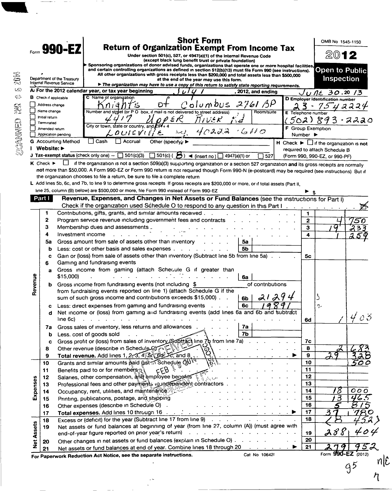 Image of first page of 2012 Form 990EO for Knights of Columbus - 2761 BP Spalding Council