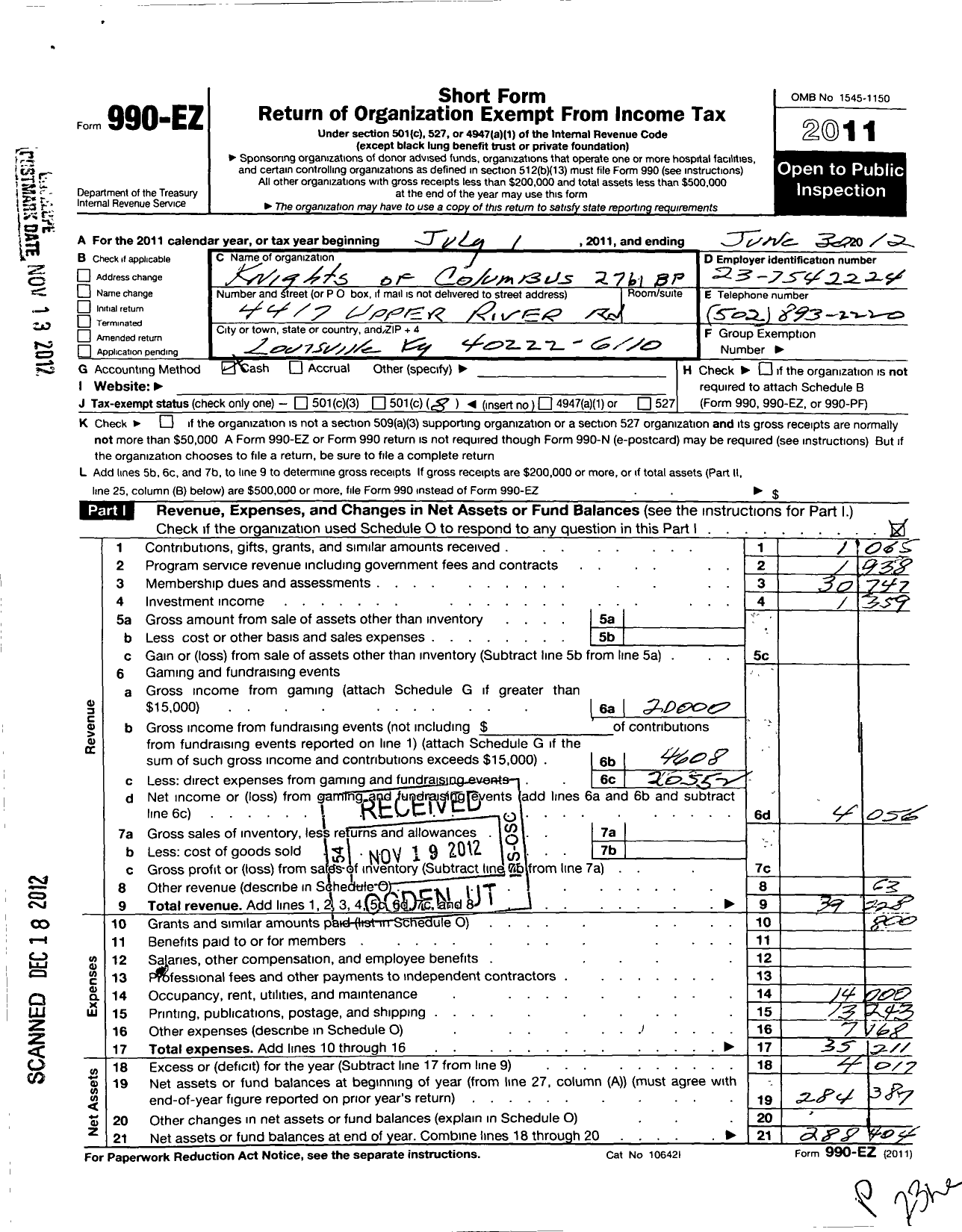 Image of first page of 2011 Form 990EO for Knights of Columbus - 2761 BP Spalding Council