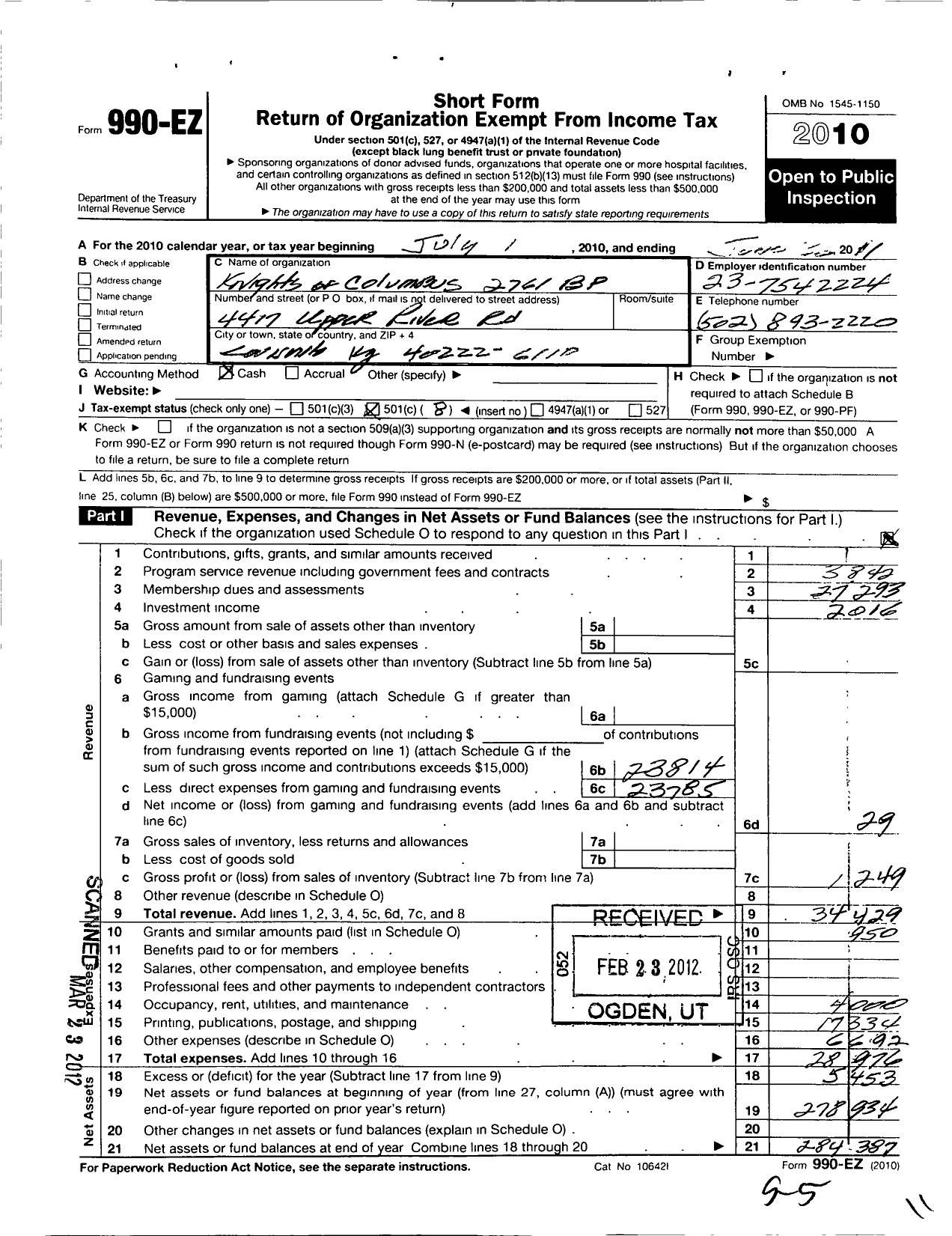 Image of first page of 2010 Form 990EO for Knights of Columbus - 2761 BP Spalding Council