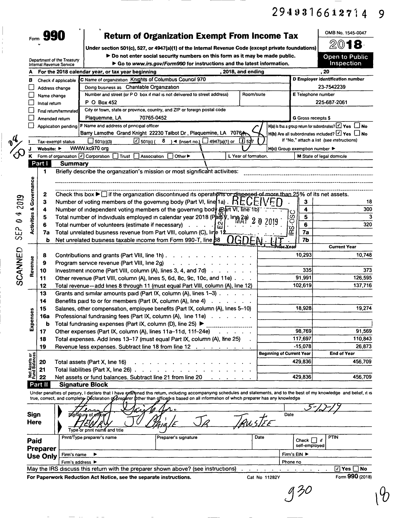 Image of first page of 2018 Form 990O for Knights of Columbus - Charitable Organization