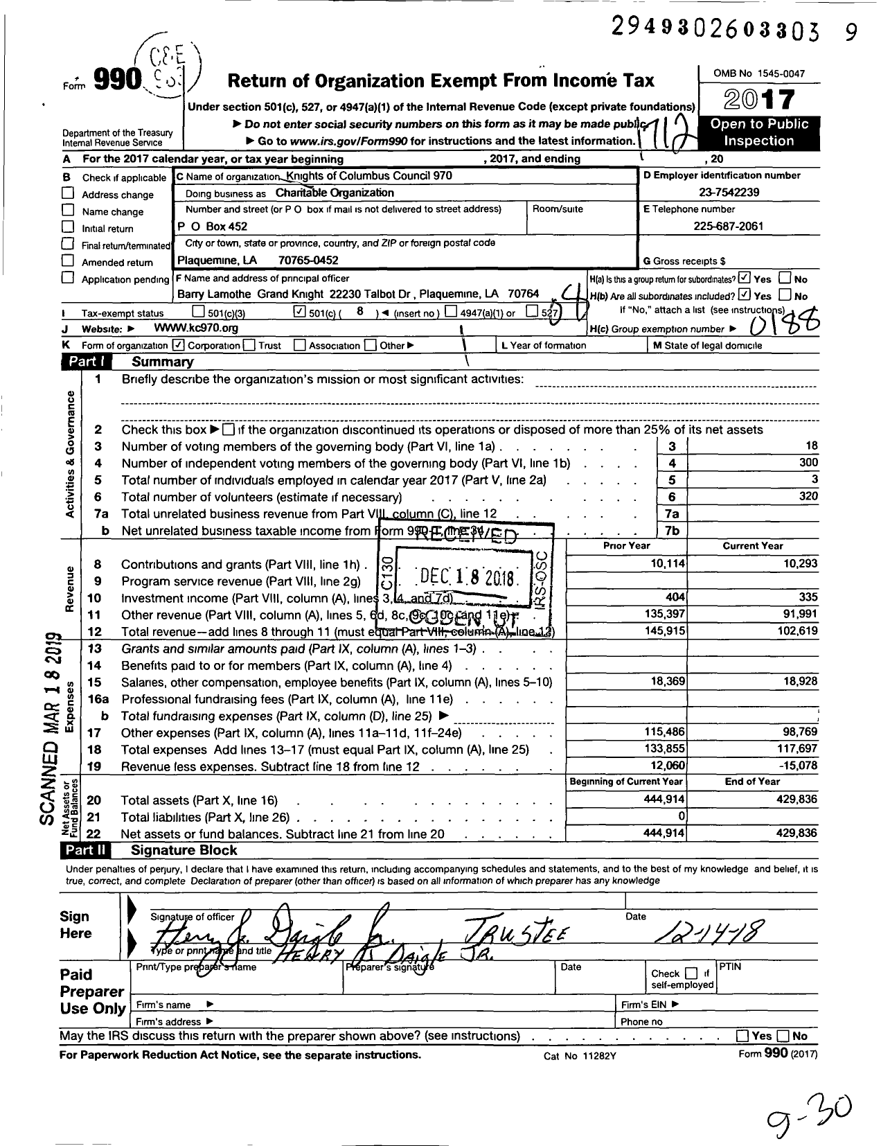 Image of first page of 2017 Form 990O for Knights of Columbus - Charitable Organization