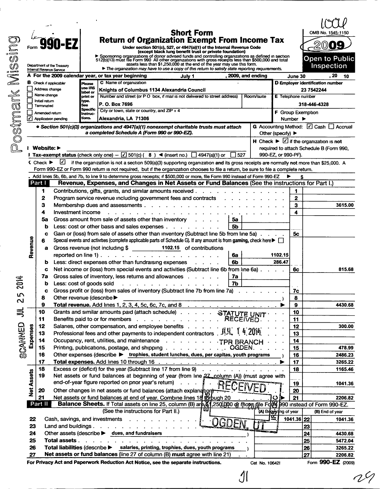 Image of first page of 2009 Form 990EO for Knights of Columbus / 1134 Alexandria Council