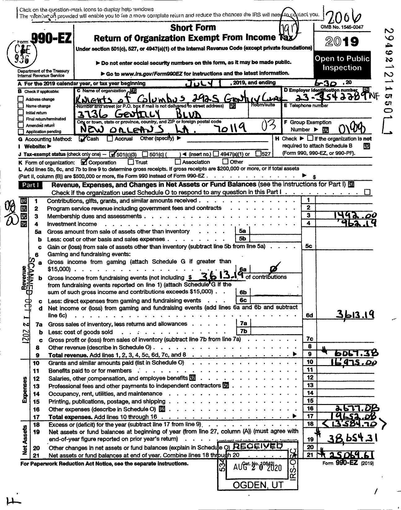 Image of first page of 2019 Form 990EZ for Knights of Columbus - 2925 Gentilly Council