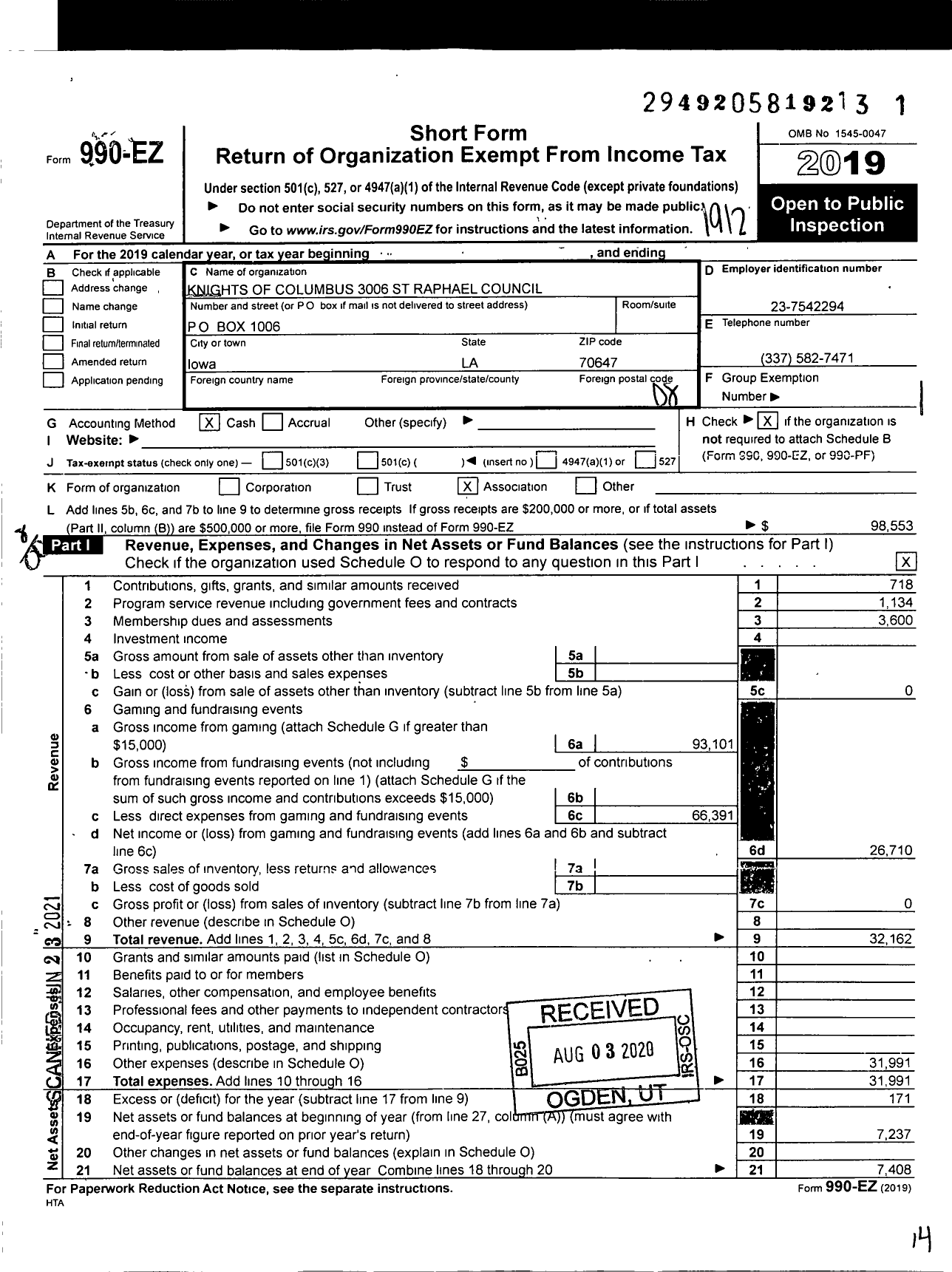 Image of first page of 2019 Form 990EO for Knights of Columbus - 3006 St Raphael Council