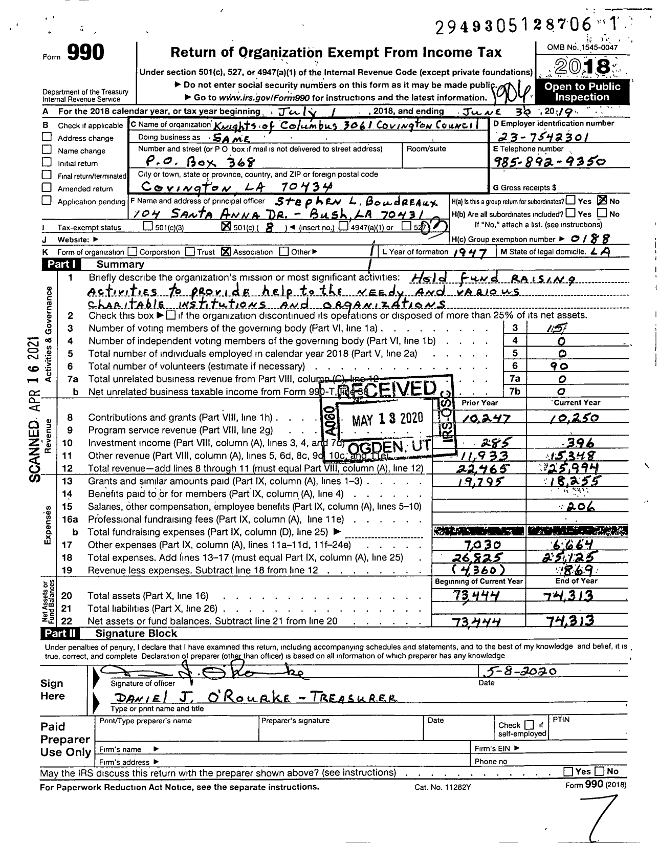 Image of first page of 2018 Form 990 for Knights of Columbus - 3061 Covington Council