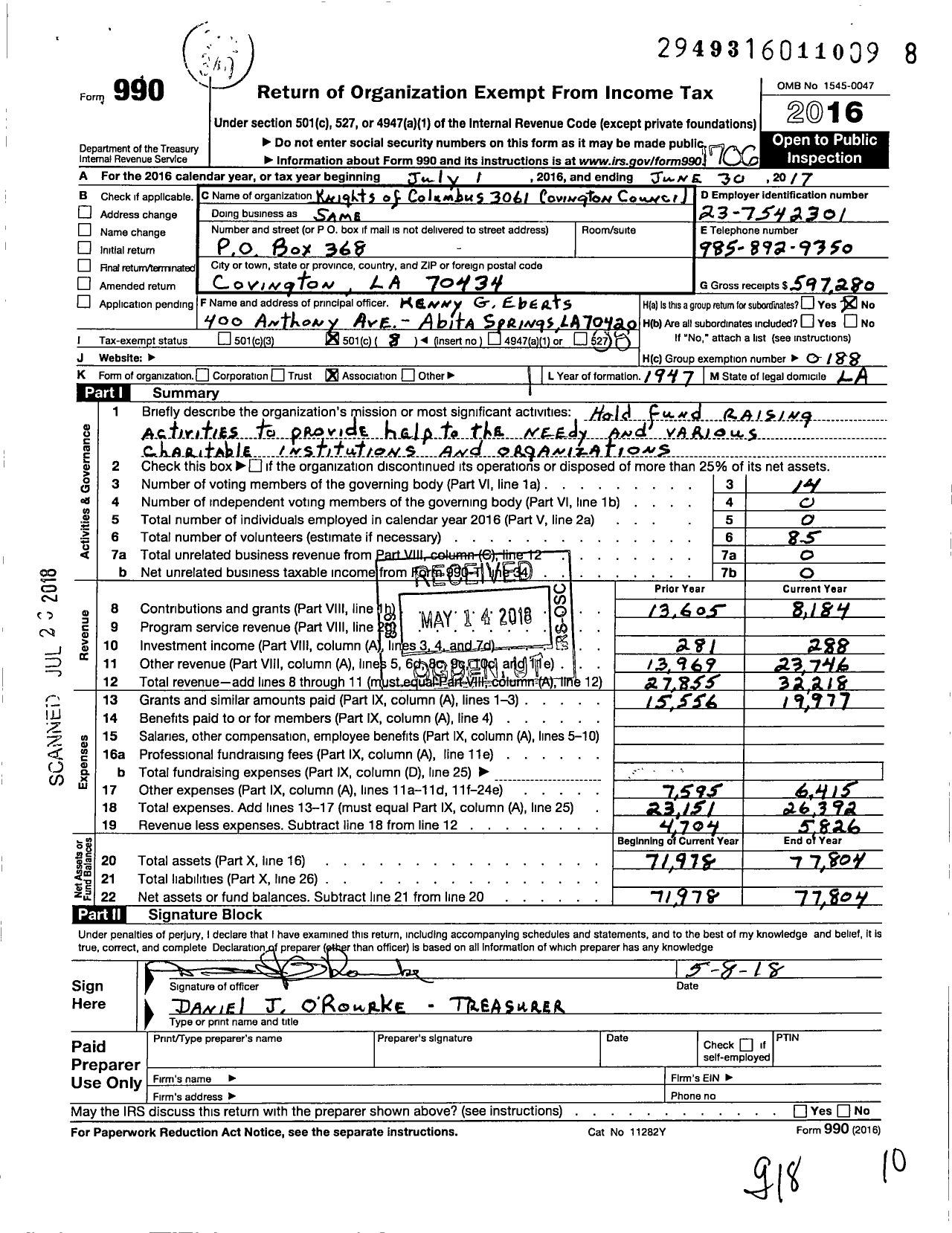 Image of first page of 2016 Form 990O for Knights of Columbus - 3061 Covington Council
