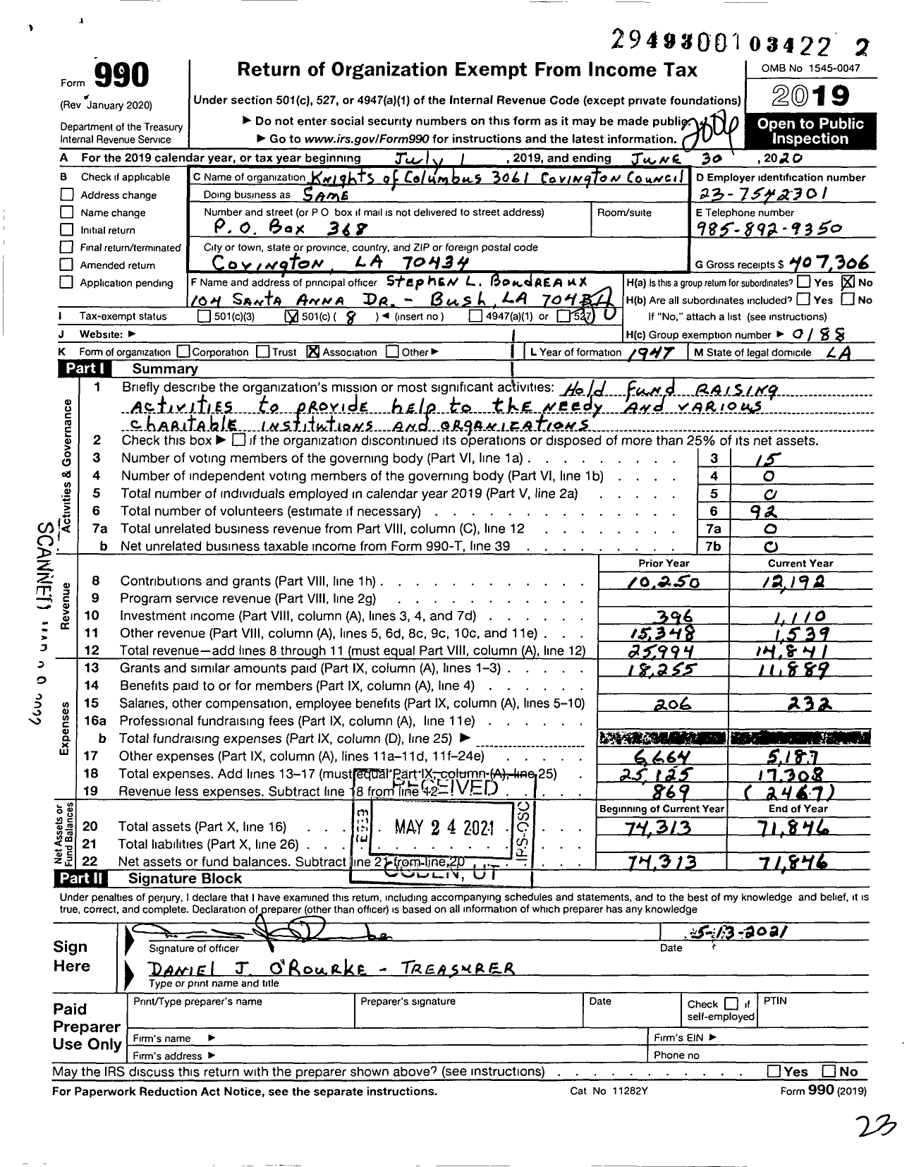 Image of first page of 2019 Form 990O for Knights of Columbus - 3061 Covington Council
