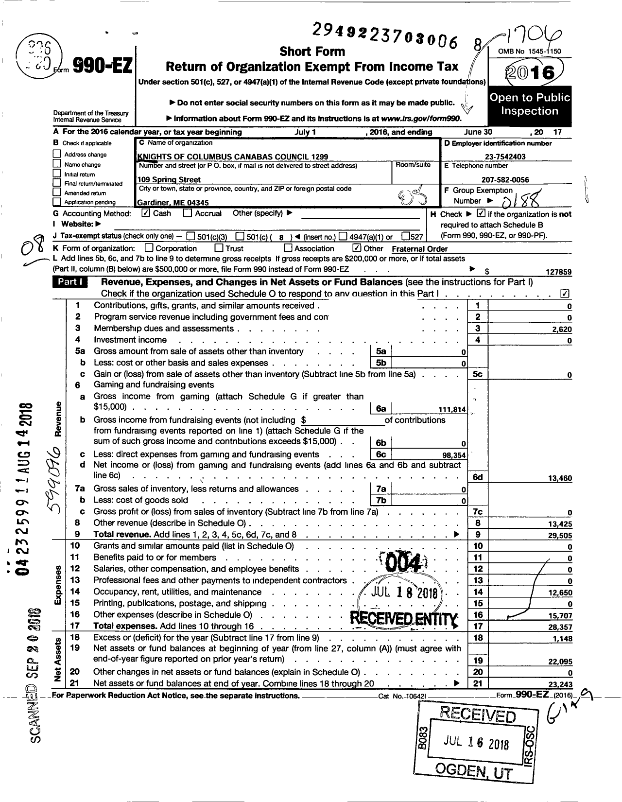 Image of first page of 2016 Form 990EO for Knights of Columbus - 1299 Canabas Council