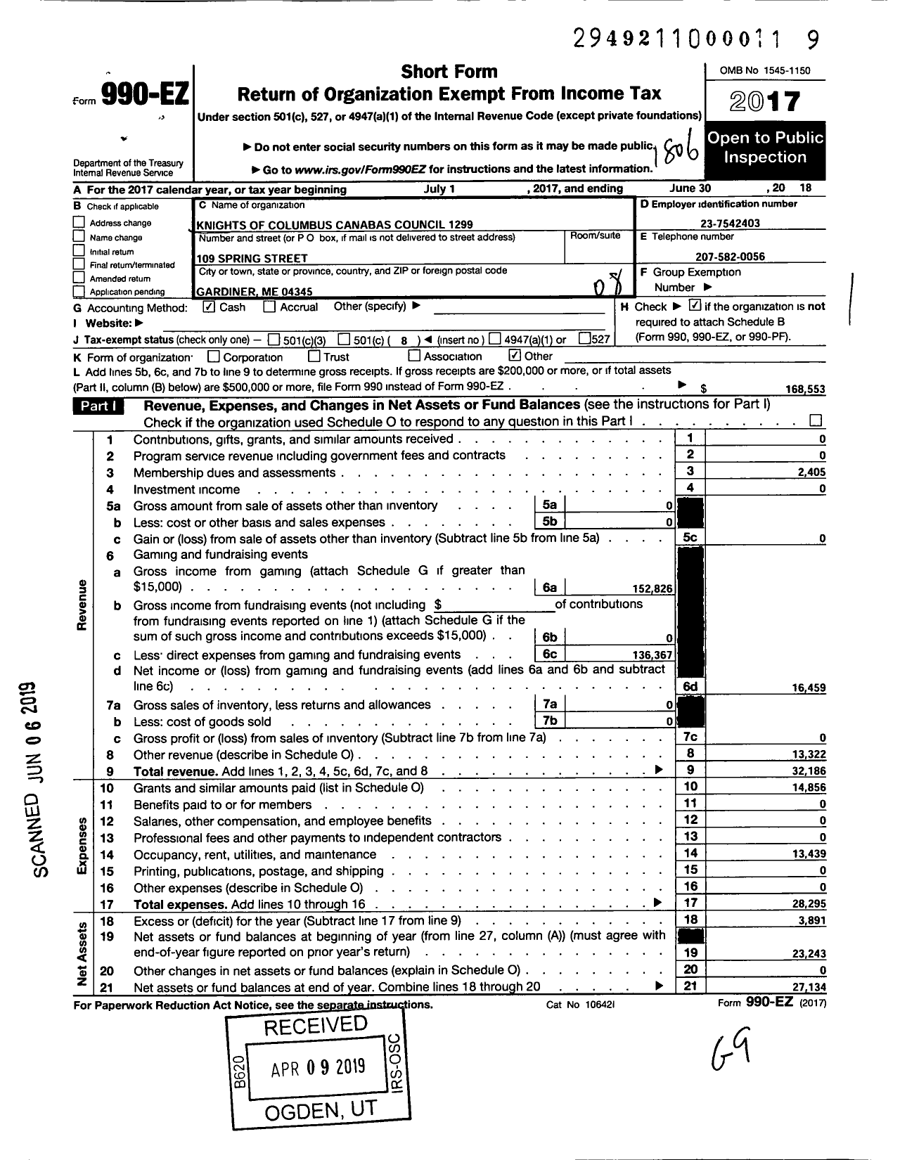 Image of first page of 2017 Form 990EO for Knights of Columbus - 1299 Canabas Council