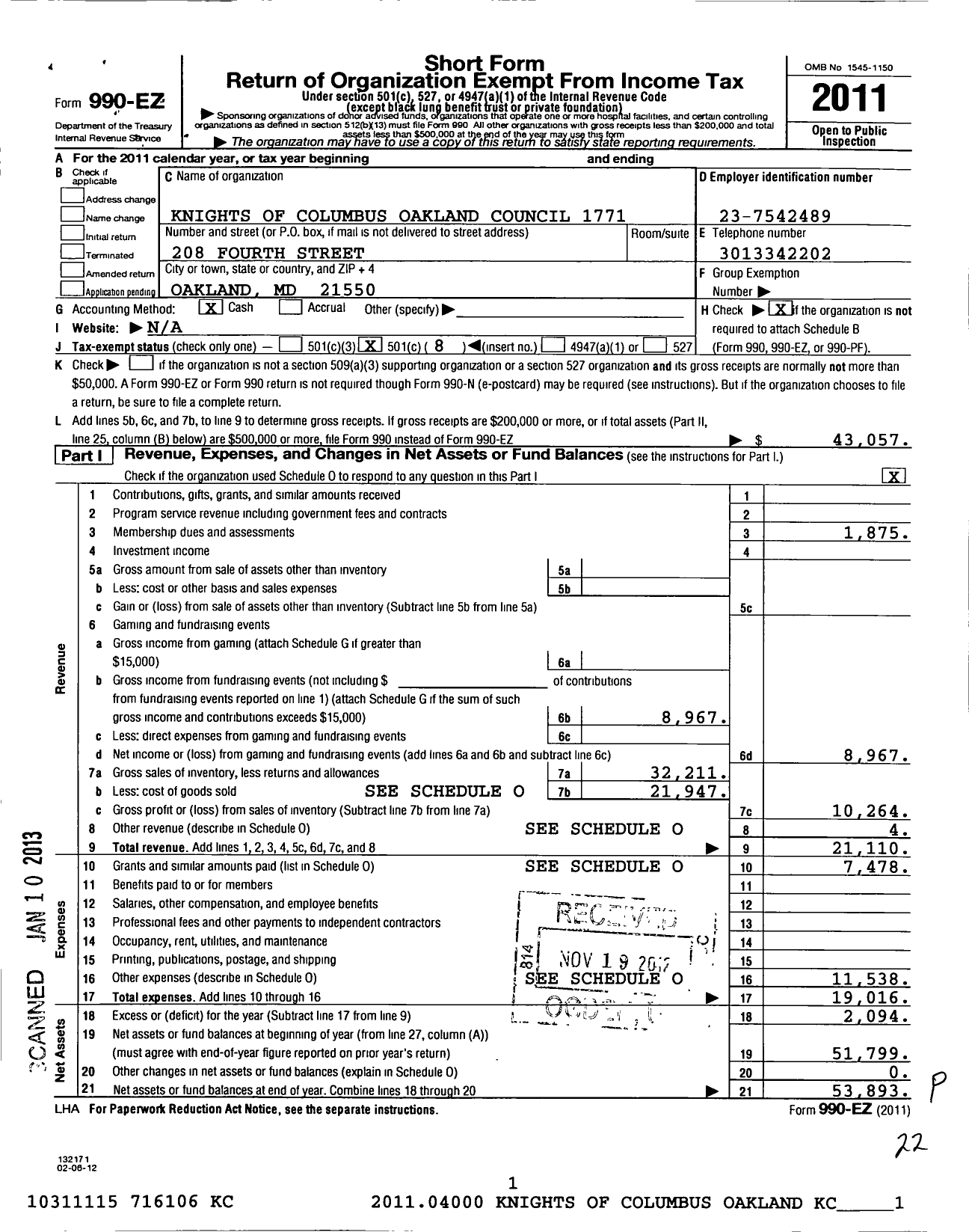 Image of first page of 2011 Form 990EO for Knights of Columbus - 1771 Oakland Council