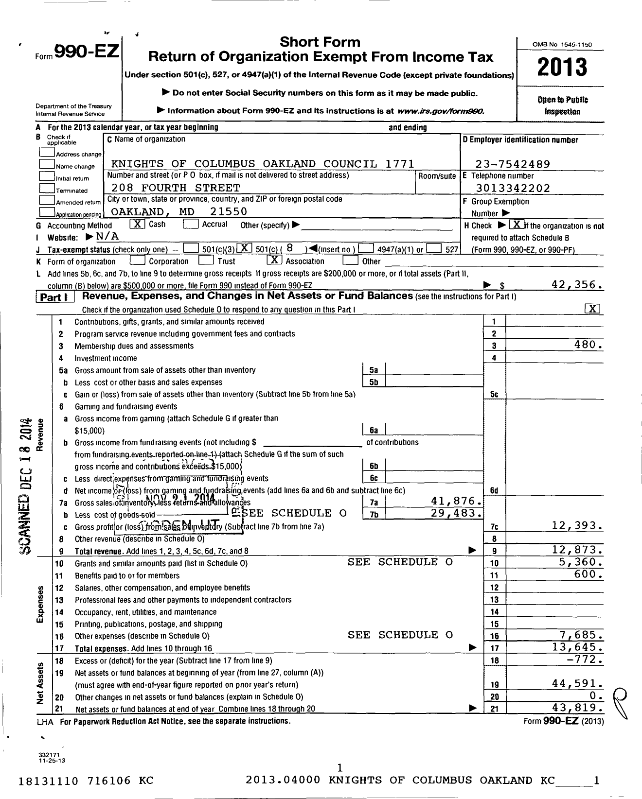 Image of first page of 2013 Form 990EO for Knights of Columbus - 1771 Oakland Council