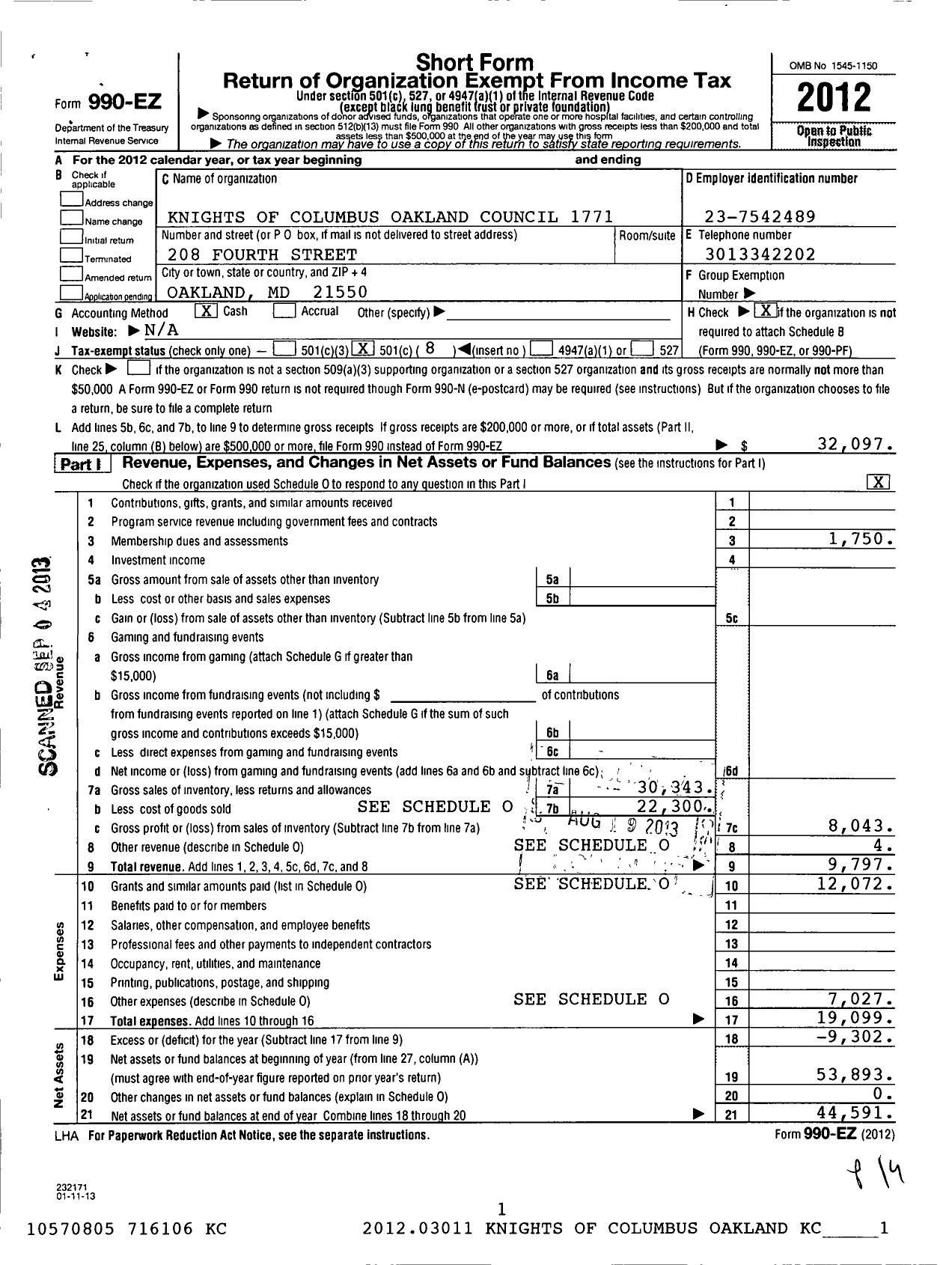 Image of first page of 2012 Form 990EO for Knights of Columbus - 1771 Oakland Council