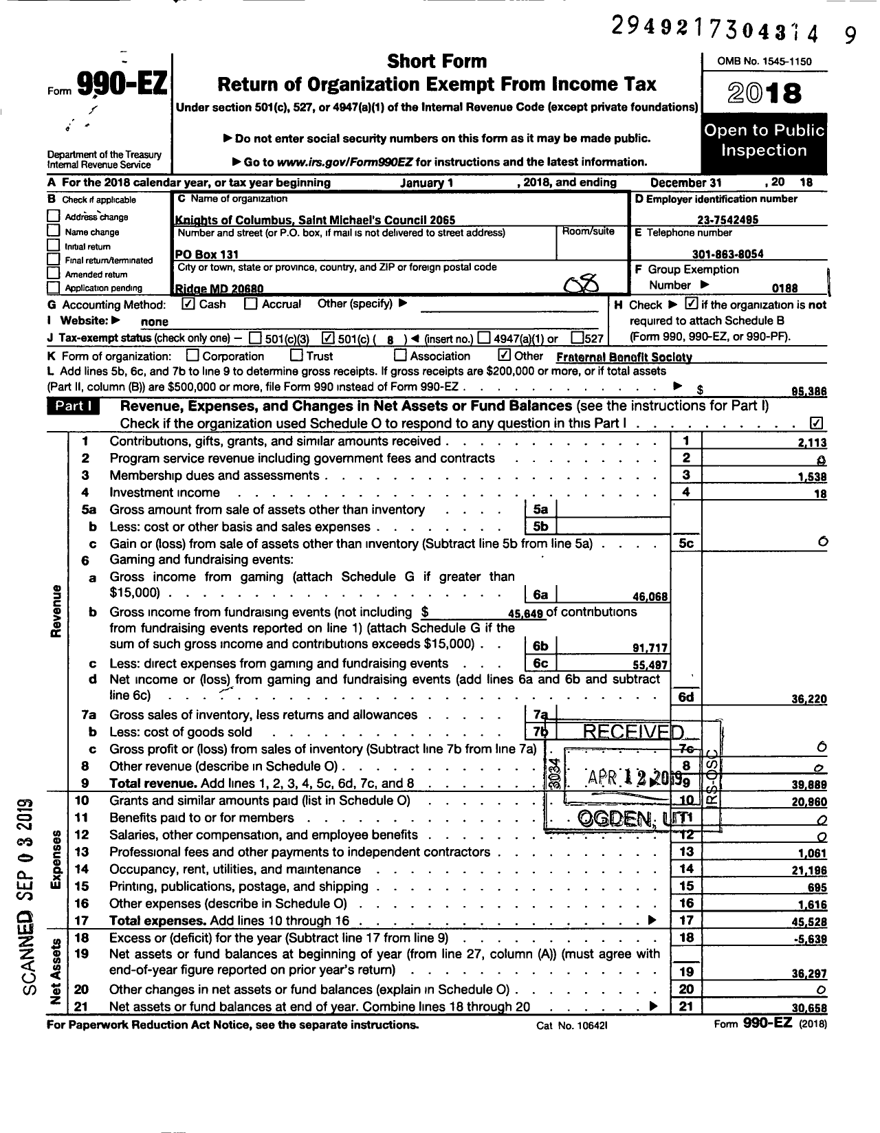 Image of first page of 2018 Form 990EO for Knights of Columbus - 2065 St Michaels Council