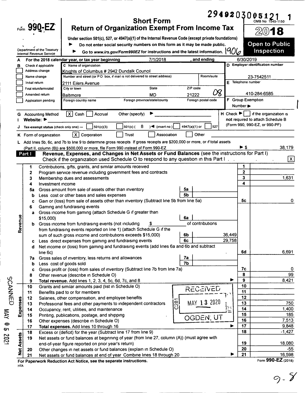 Image of first page of 2018 Form 990EO for Knights of Columbus - 2942 Dundalik Council