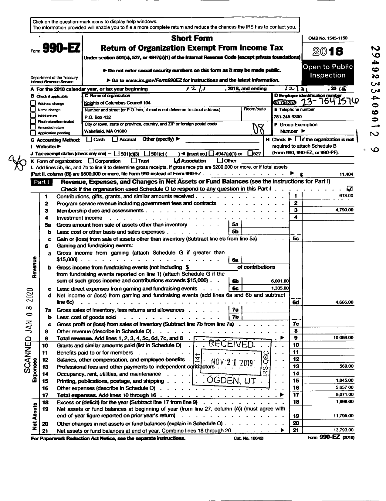 Image of first page of 2018 Form 990EO for Knights of Columbus - 104 Wakefield Council