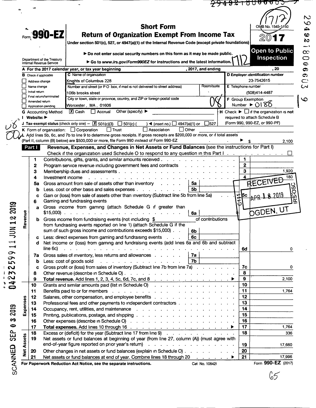 Image of first page of 2017 Form 990EO for Knights of Columbus - 228 Webster Council