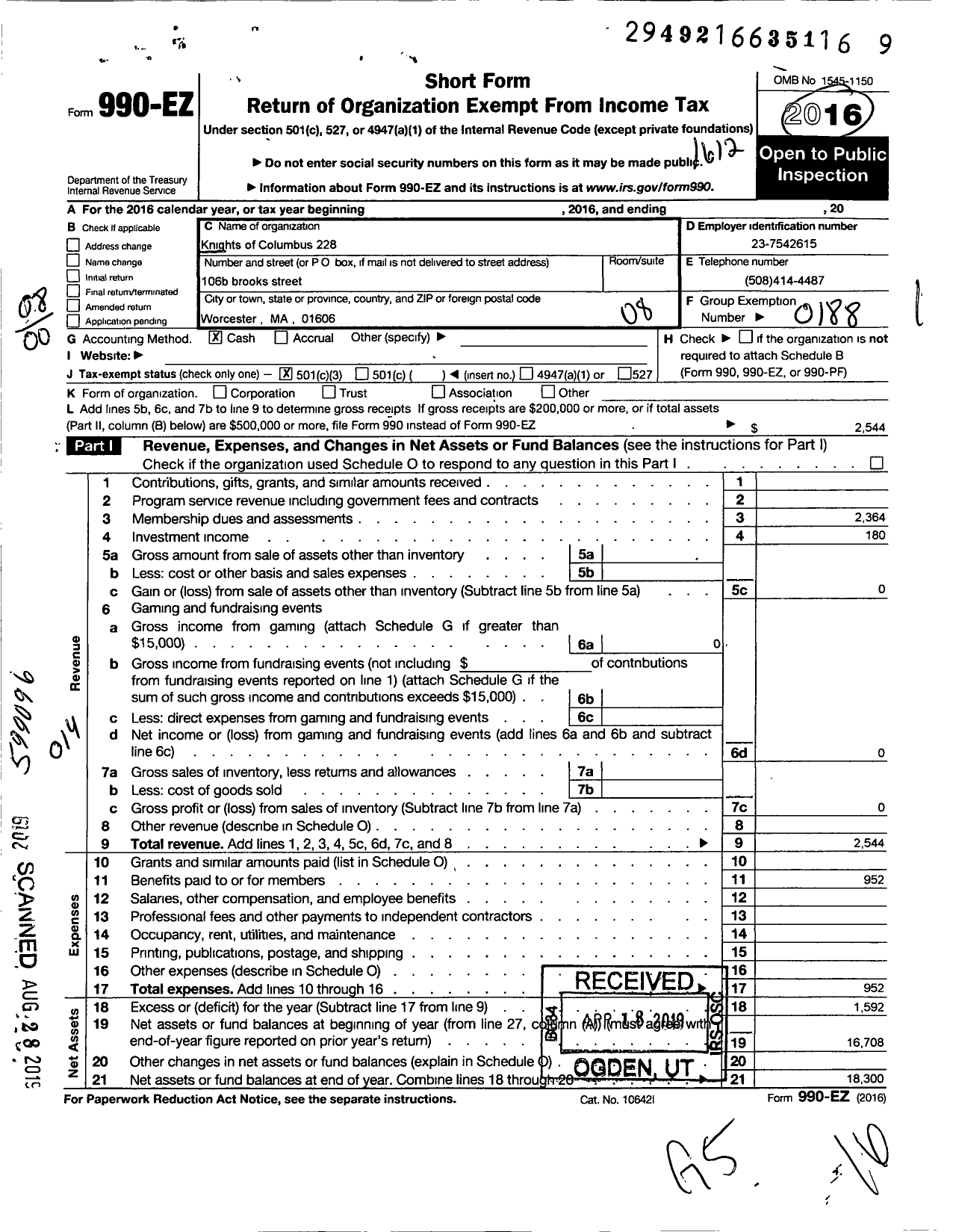 Image of first page of 2016 Form 990EO for Knights of Columbus - 228 Webster Council