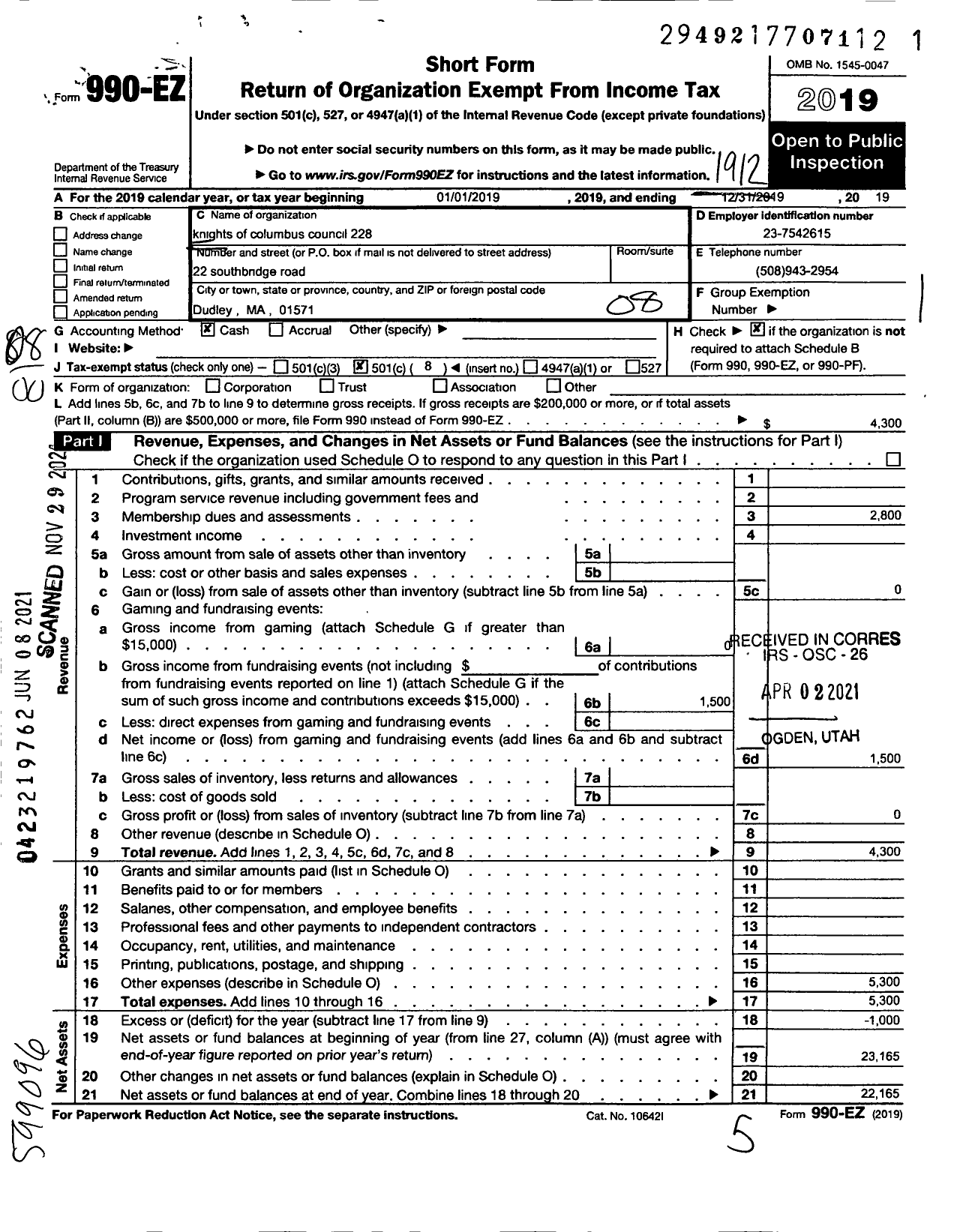 Image of first page of 2019 Form 990EO for Knights of Columbus - 228 Webster Council