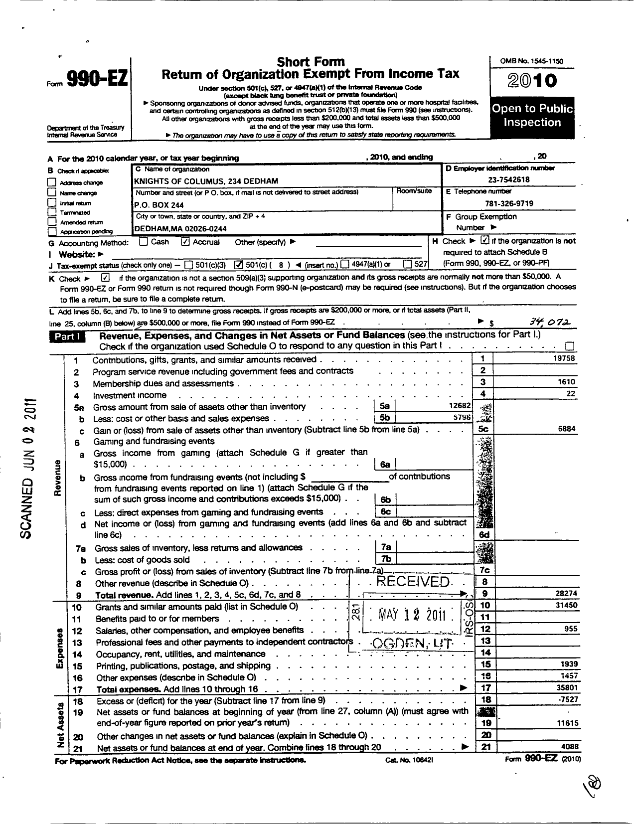 Image of first page of 2010 Form 990EO for Knights of Columbus - 234 Dedham Council