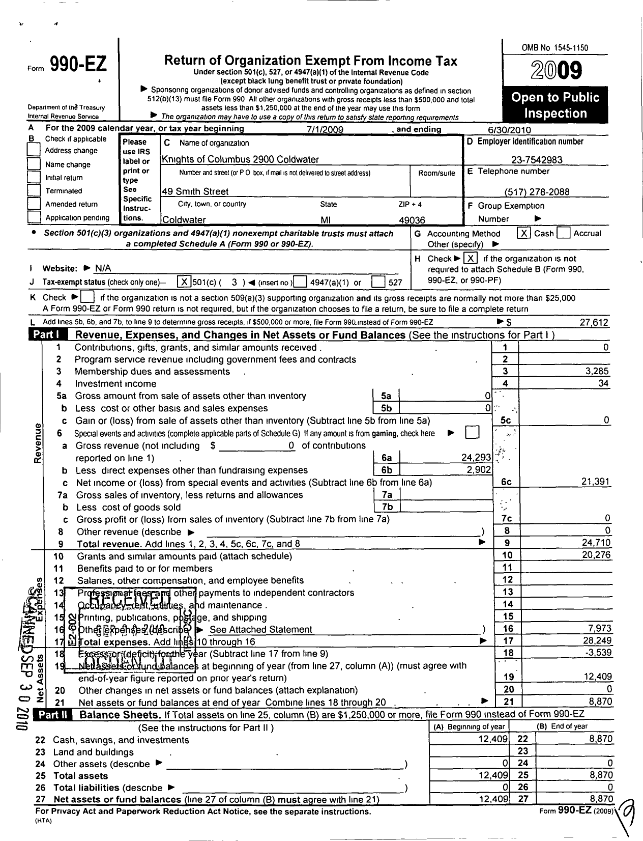 Image of first page of 2009 Form 990EZ for Knights of Columbus - 2900 Coldwater Council