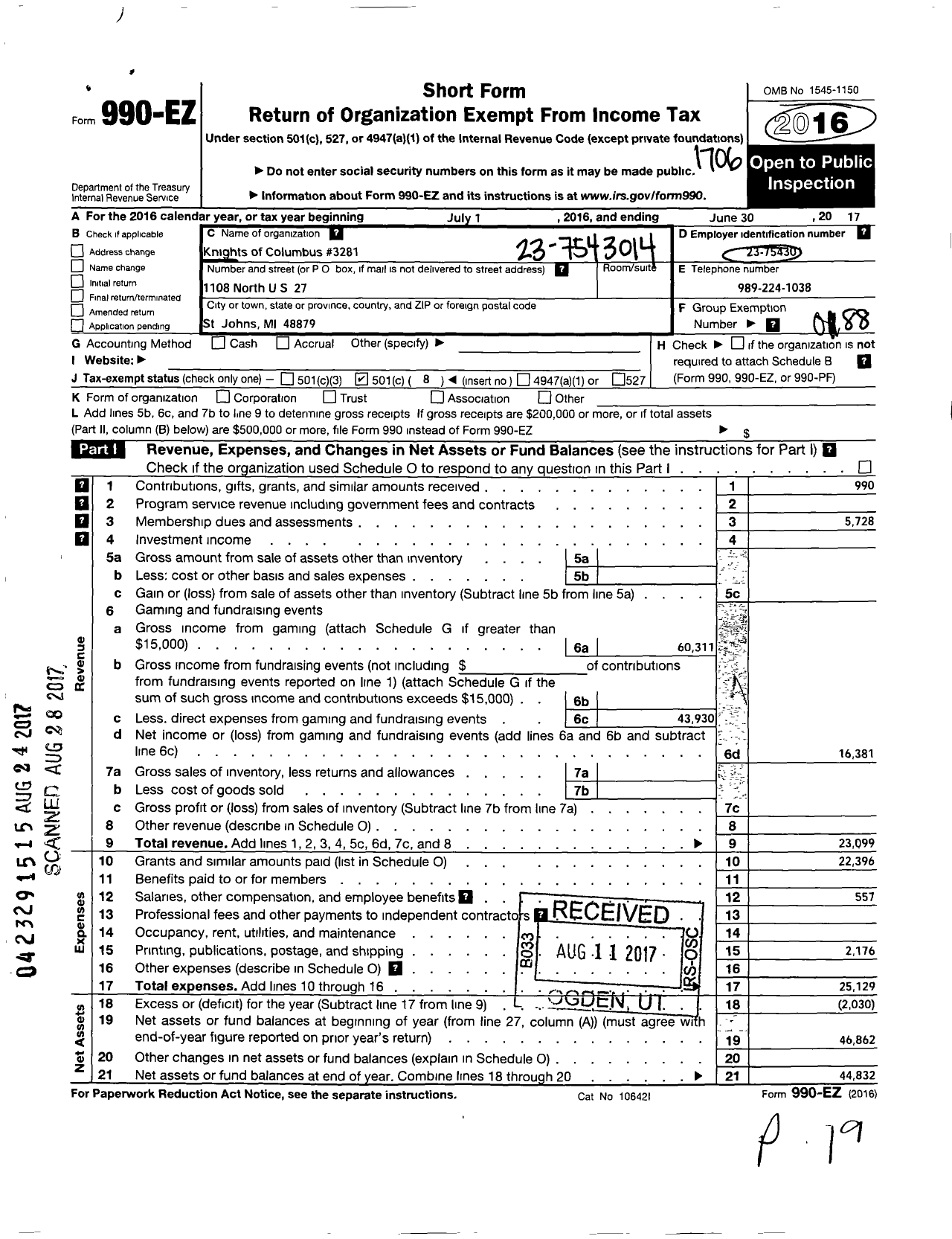 Image of first page of 2016 Form 990EO for Knights of Columbus - 3281 St John Council