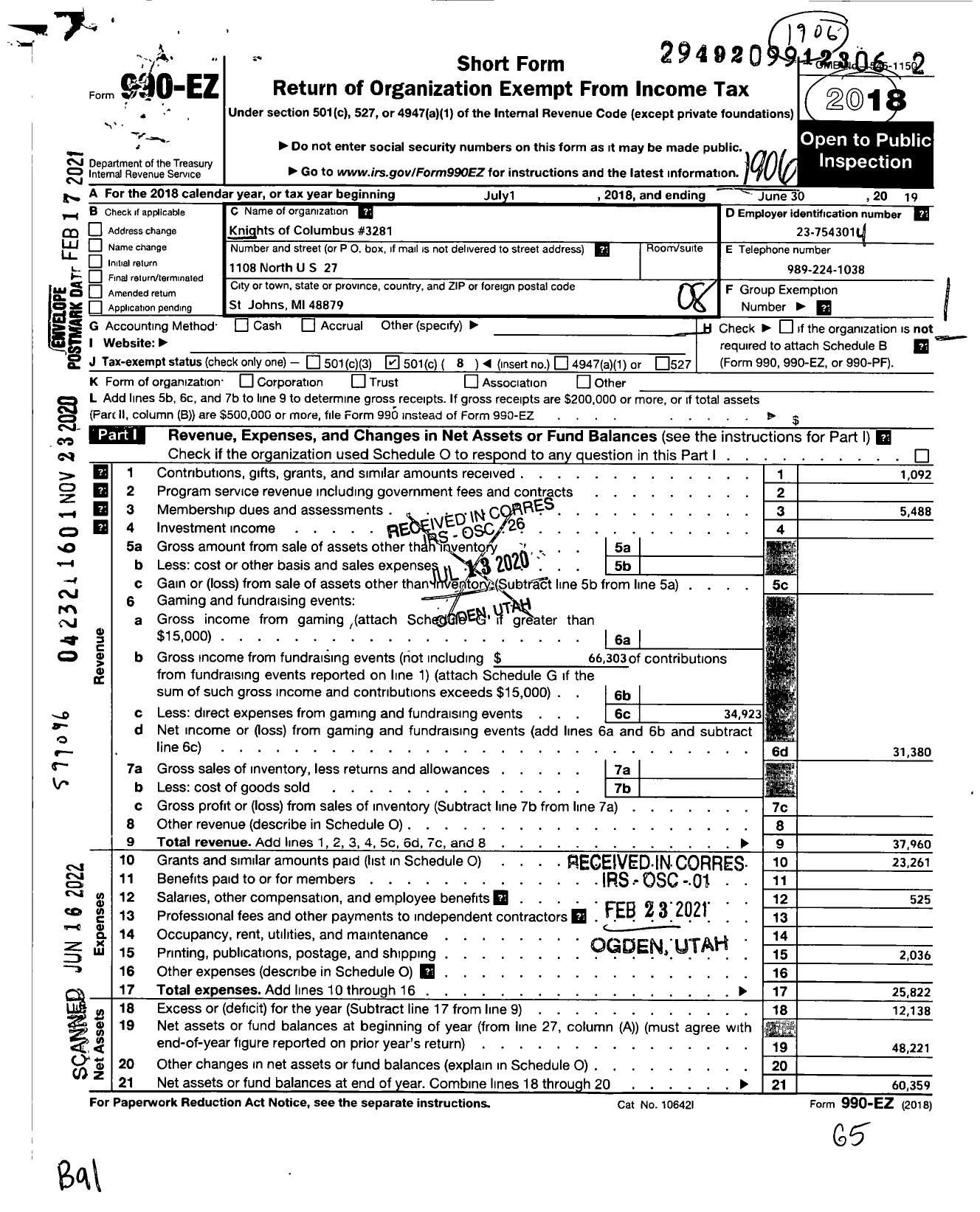 Image of first page of 2018 Form 990EO for Knights of Columbus - 3281 St John Council