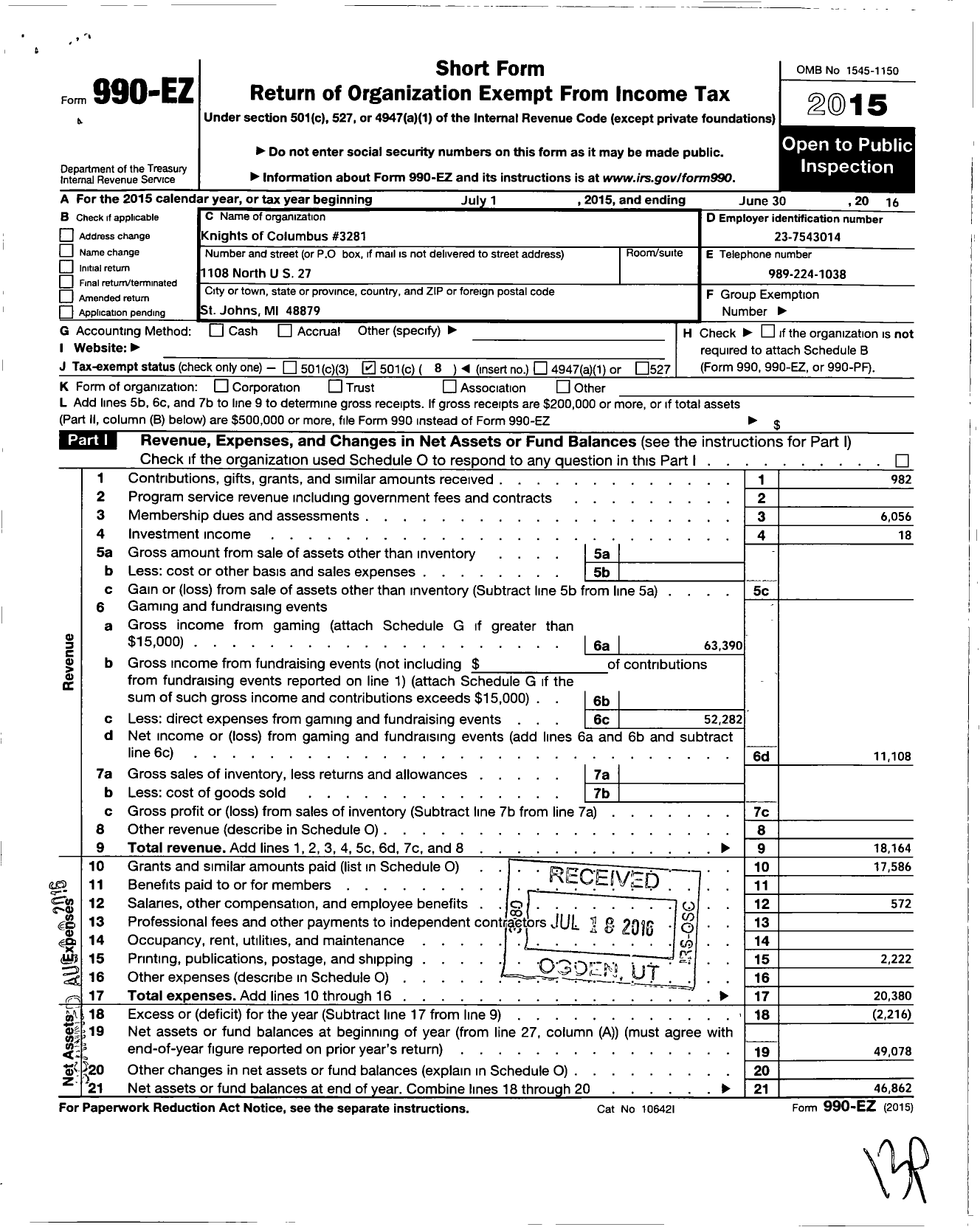 Image of first page of 2015 Form 990EO for Knights of Columbus - 3281 St John Council