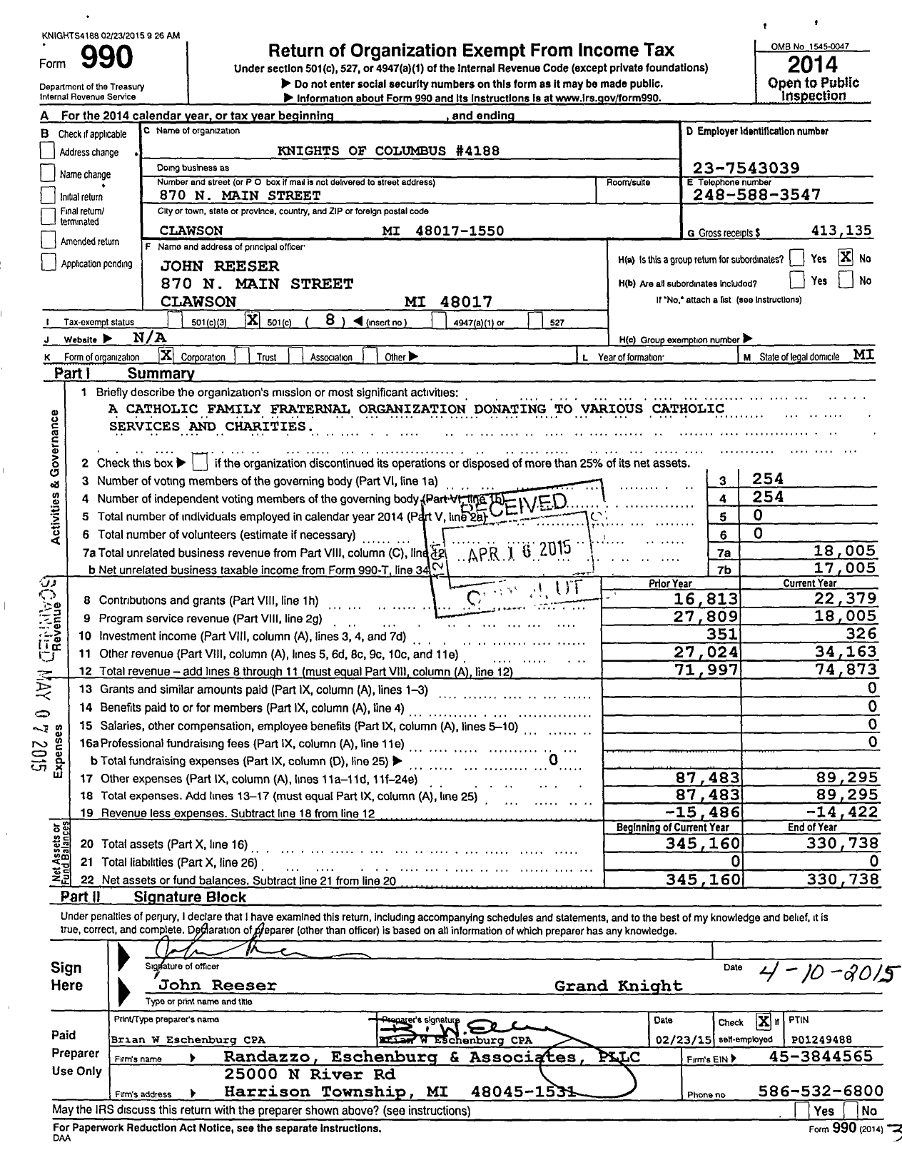 Image of first page of 2014 Form 990O for Knights of Columbus - 4188 FR John M Lynch Council