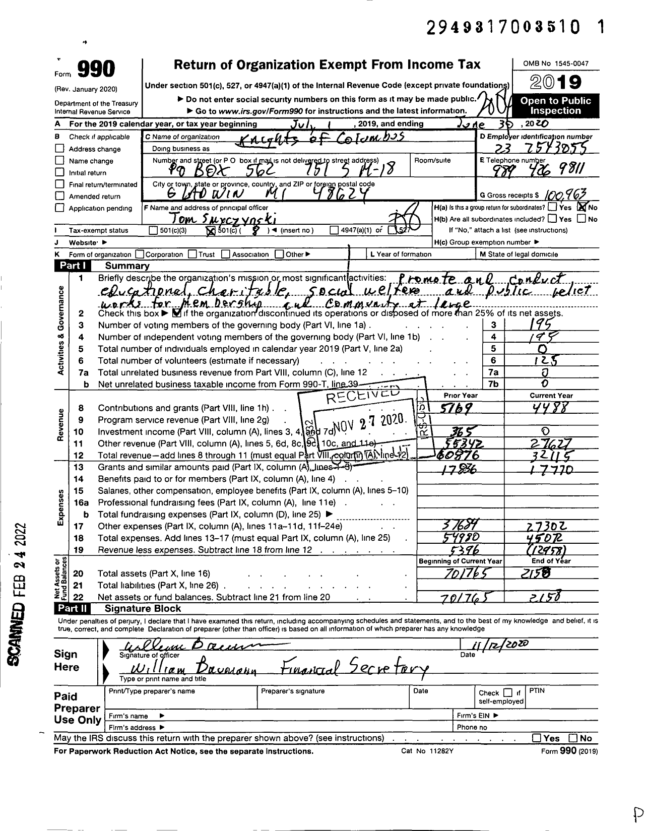 Image of first page of 2019 Form 990O for Knights of Columbus - 5280 Gladwin Council