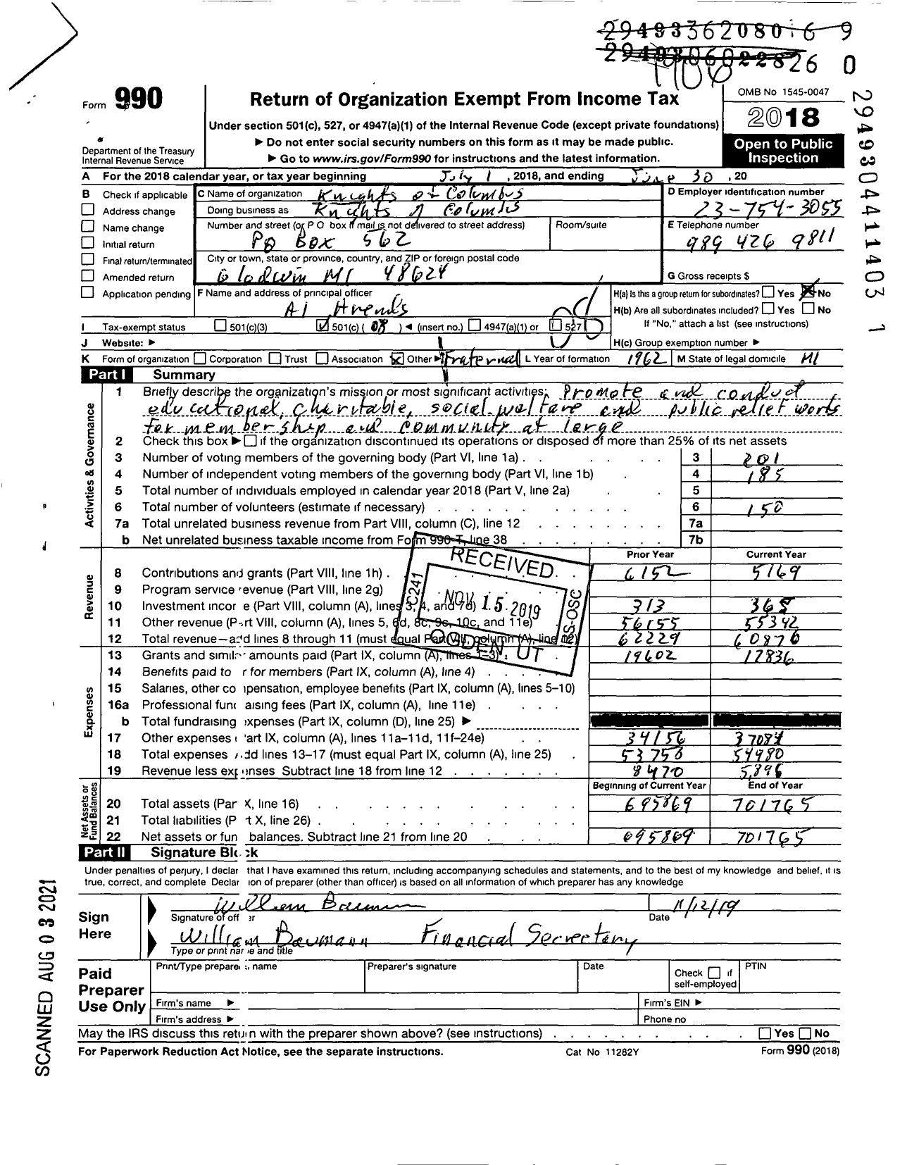 Image of first page of 2018 Form 990O for Knights of Columbus - 5280 Gladwin Council