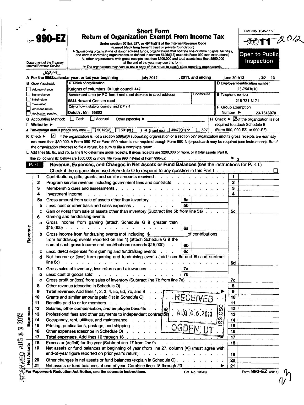 Image of first page of 2012 Form 990EO for Knights of Columbus - 447 Duluth Council