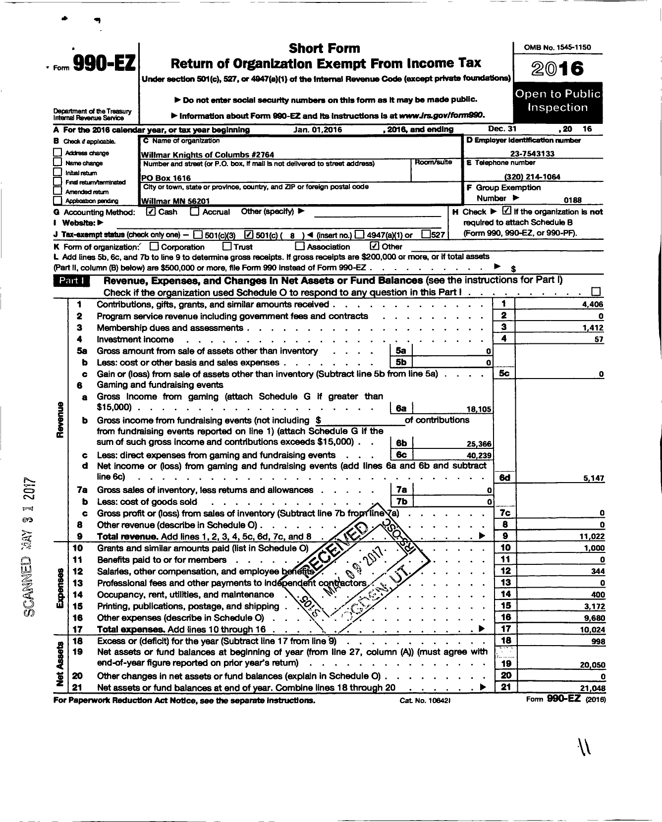 Image of first page of 2016 Form 990EO for Knights of Columbus - 2764 Willmar Council