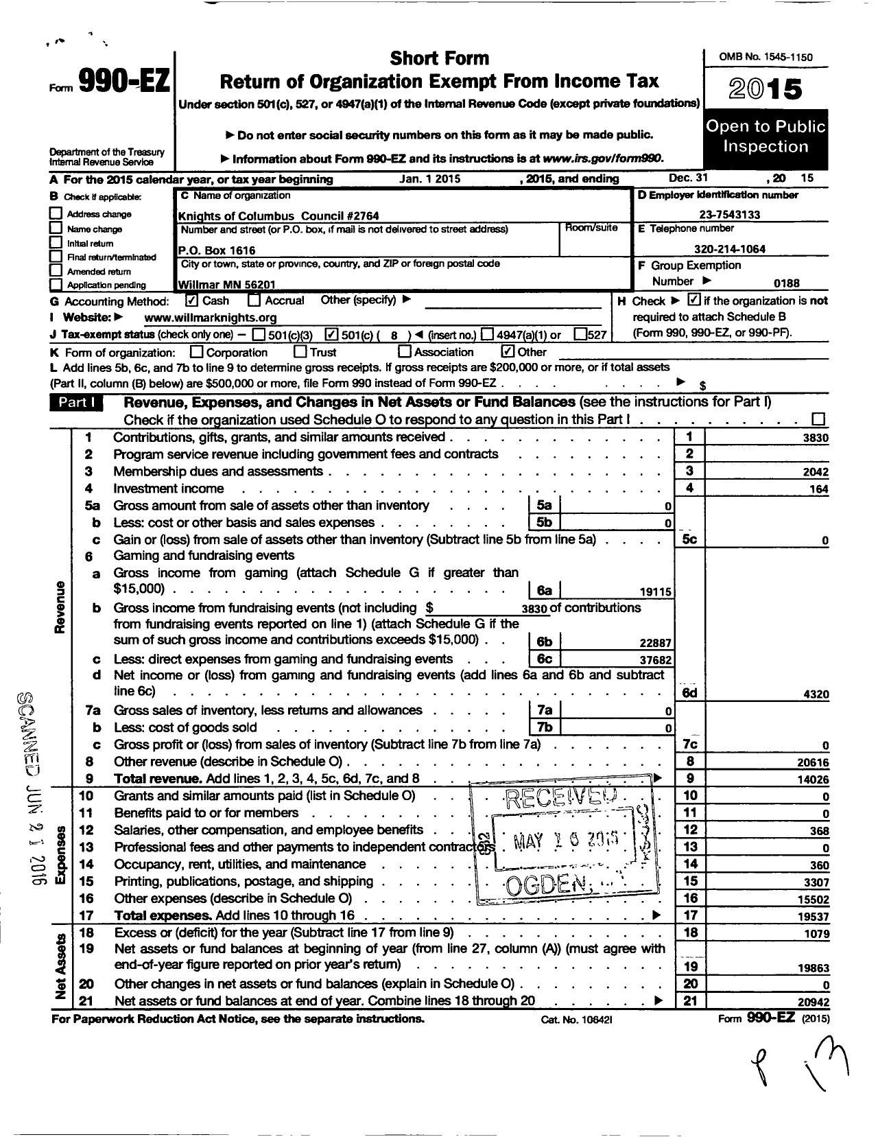 Image of first page of 2015 Form 990EO for Knights of Columbus - 2764 Willmar Council