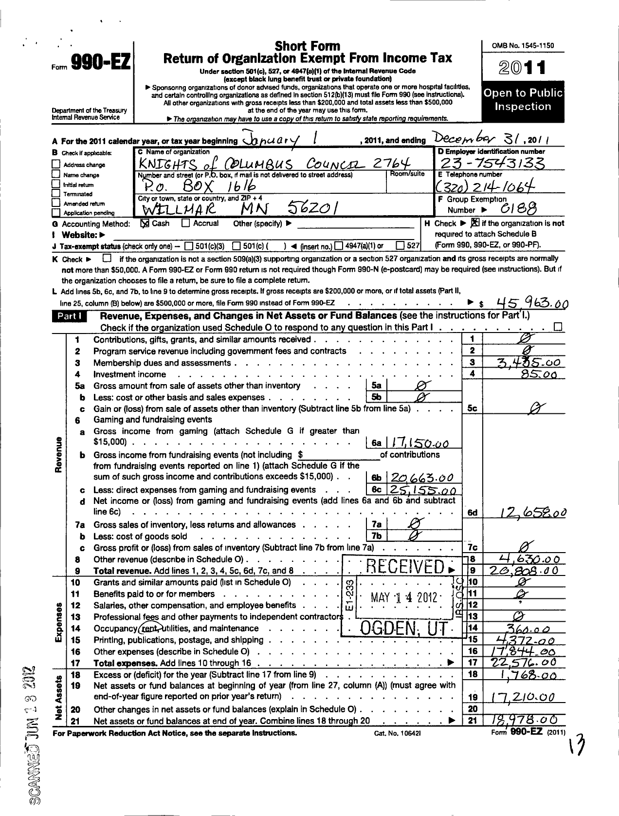 Image of first page of 2011 Form 990EO for Knights of Columbus - 2764 Willmar Council