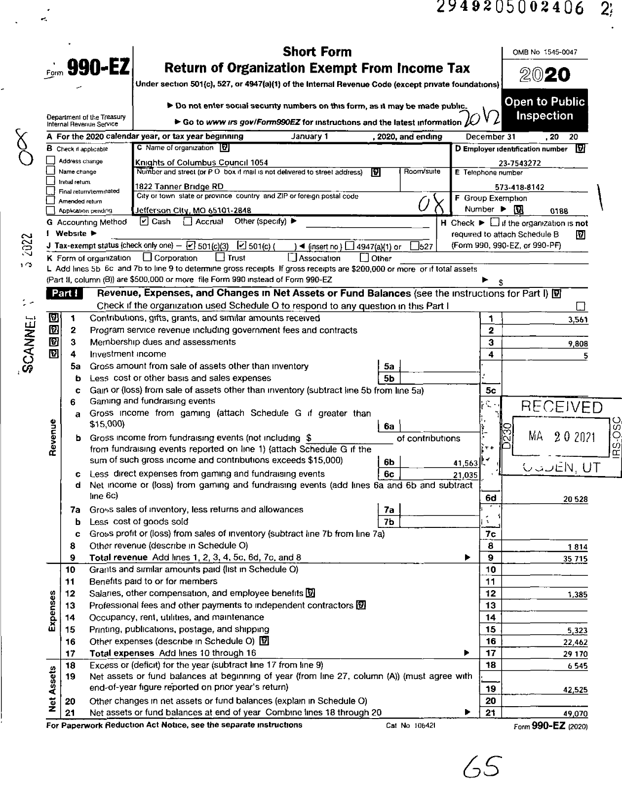 Image of first page of 2020 Form 990EO for Knights of Columbus - 1054 Helias Council