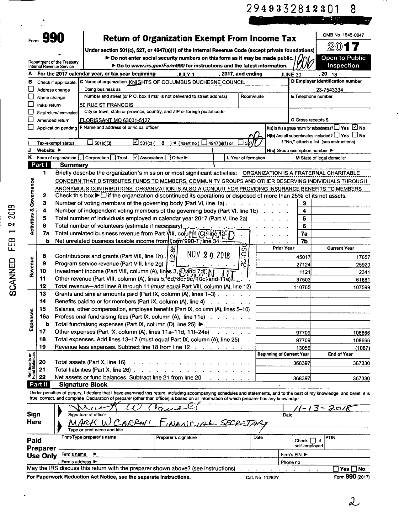 Image of first page of 2017 Form 990O for Knights of Columbus - 2951 Blessed Philippines Council