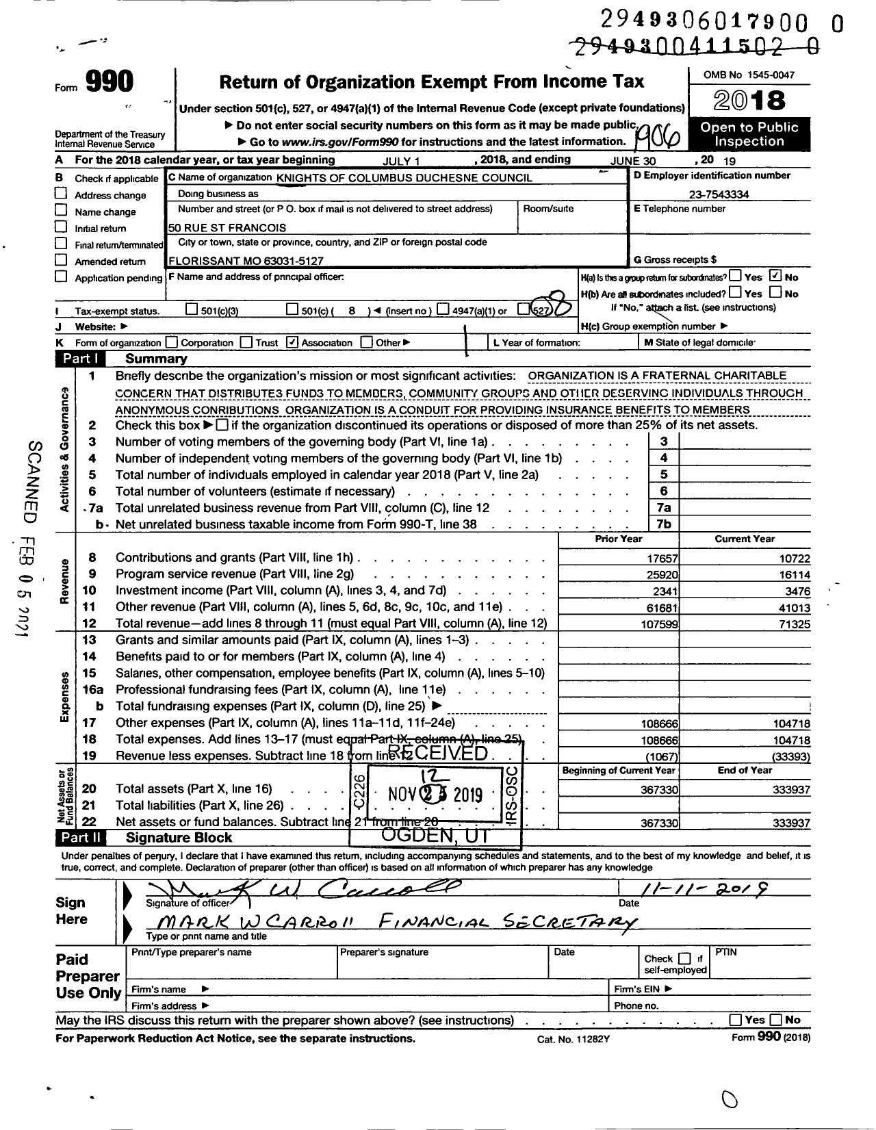 Image of first page of 2018 Form 990O for Knights of Columbus - 2951 Blessed Philippines Council