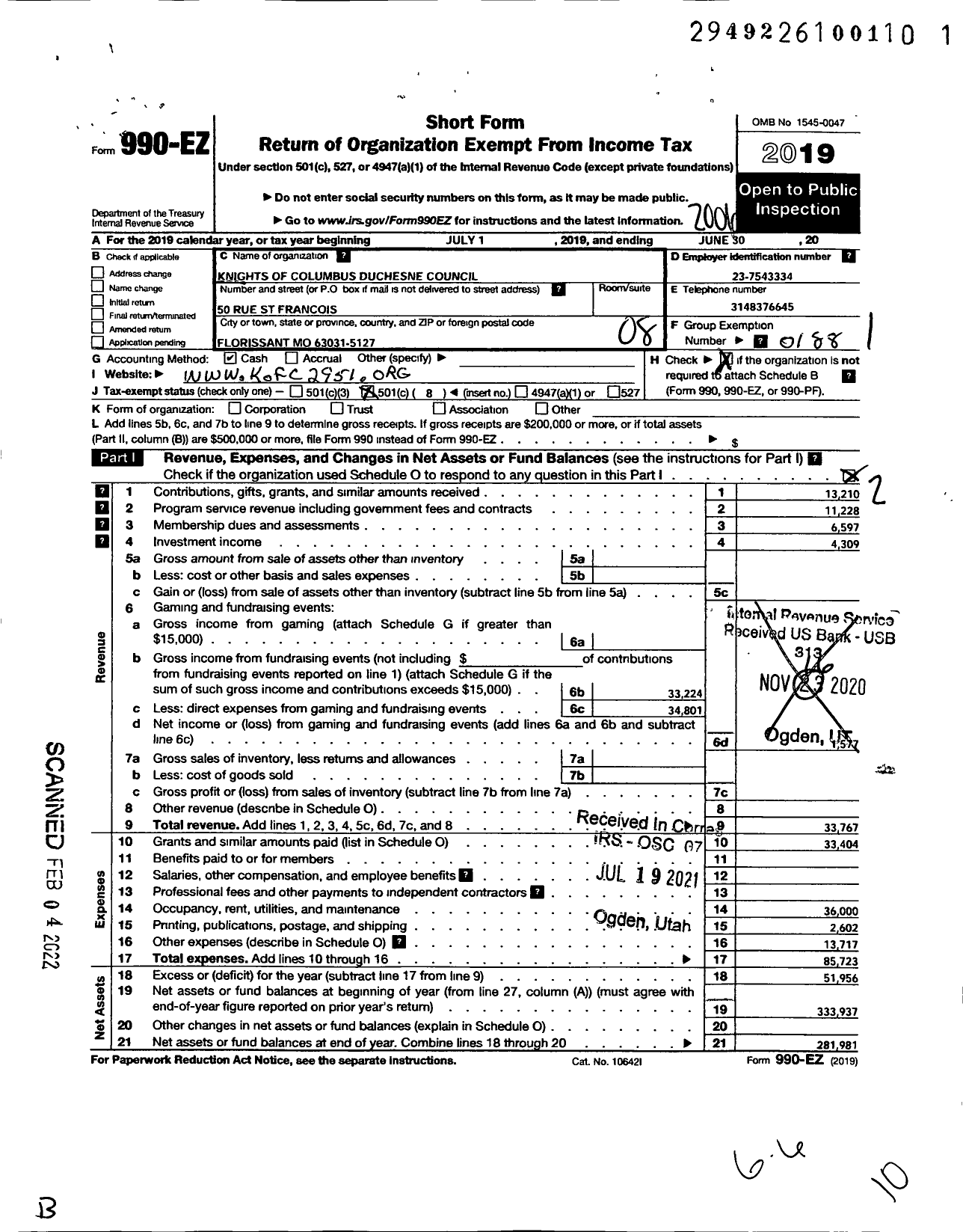 Image of first page of 2019 Form 990EO for Knights of Columbus - 2951 Blessed Philippines Council