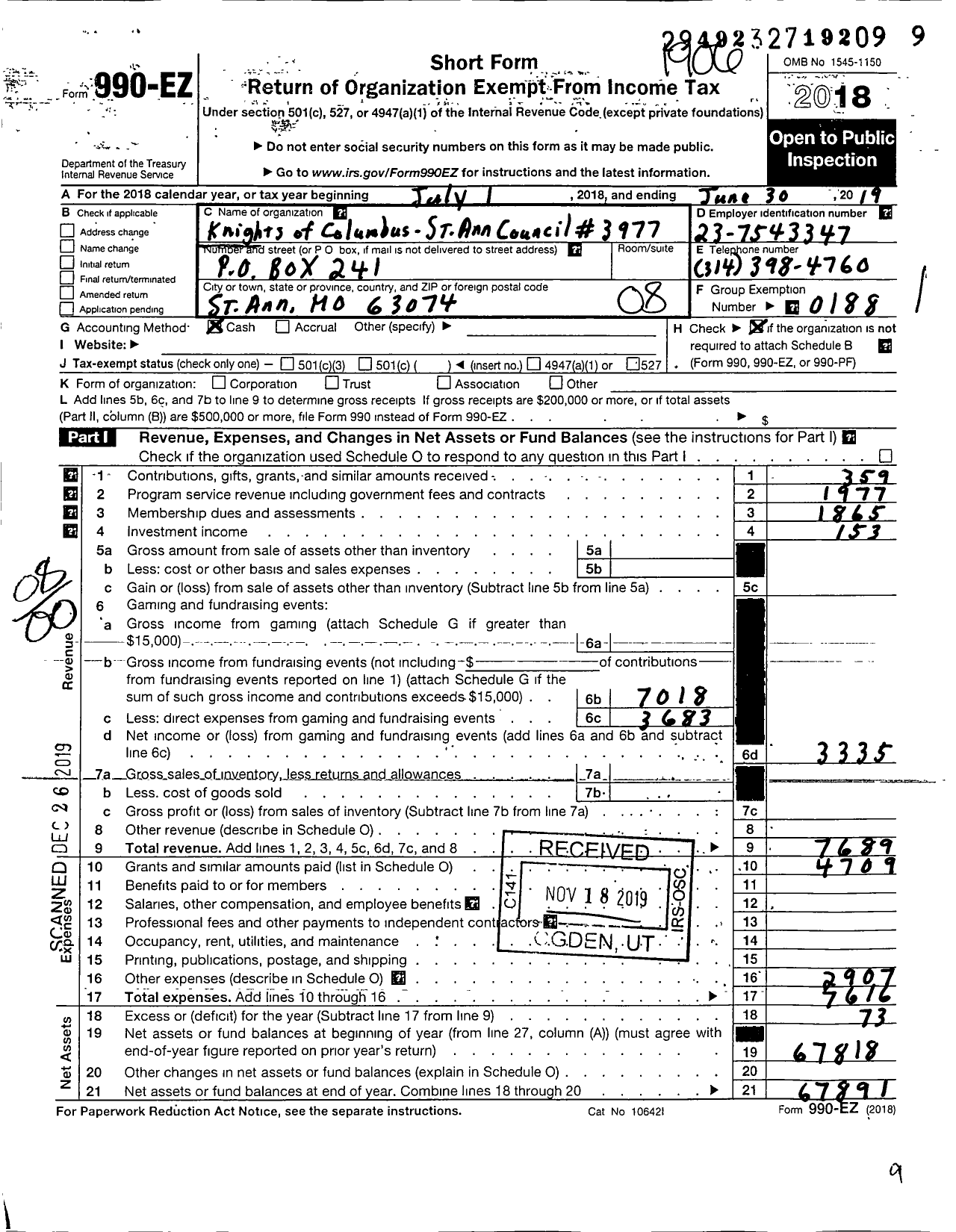 Image of first page of 2018 Form 990EO for Knights of Columbus - 3977 St Anns Council