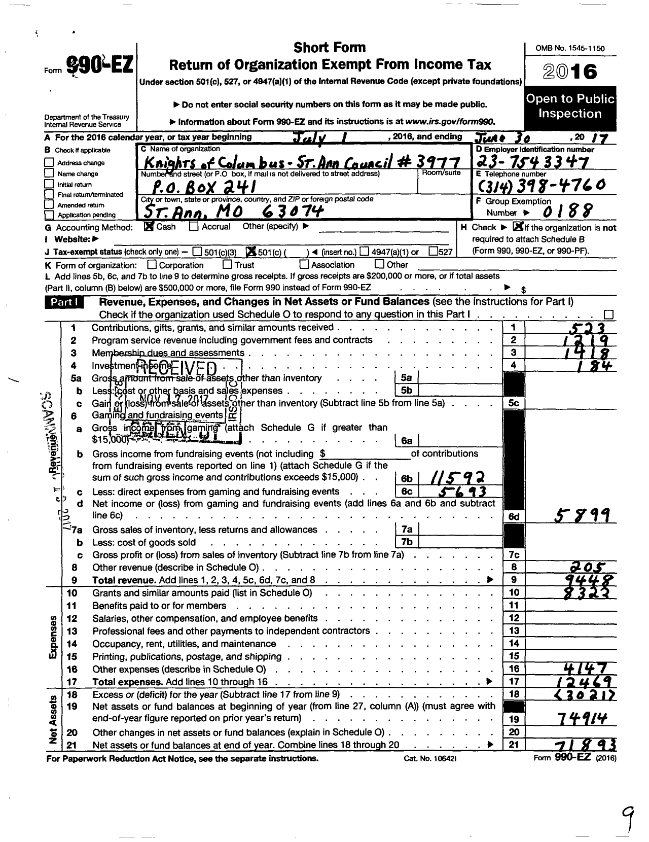 Image of first page of 2016 Form 990EO for Knights of Columbus - 3977 St Anns Council