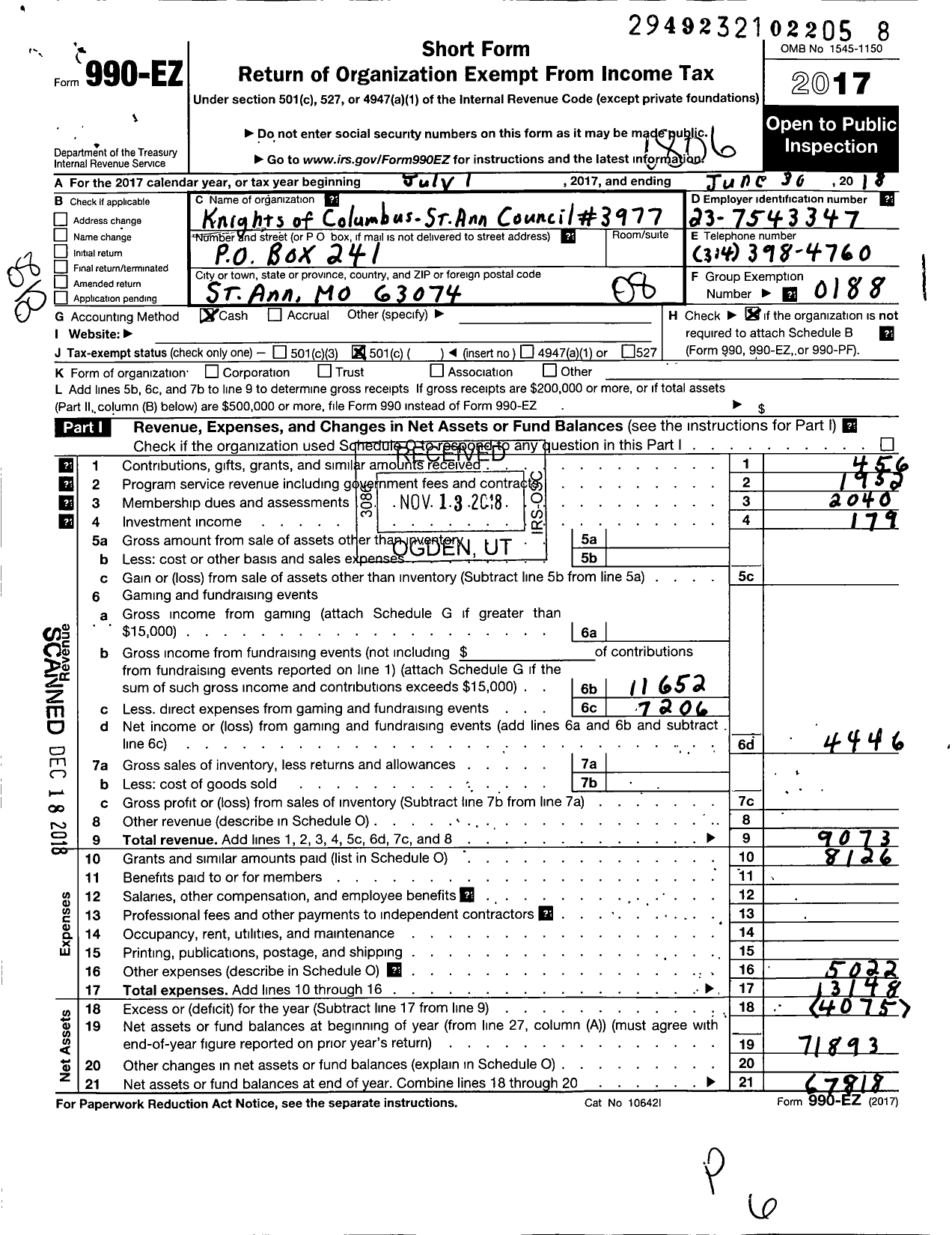 Image of first page of 2017 Form 990EO for Knights of Columbus - 3977 St Anns Council