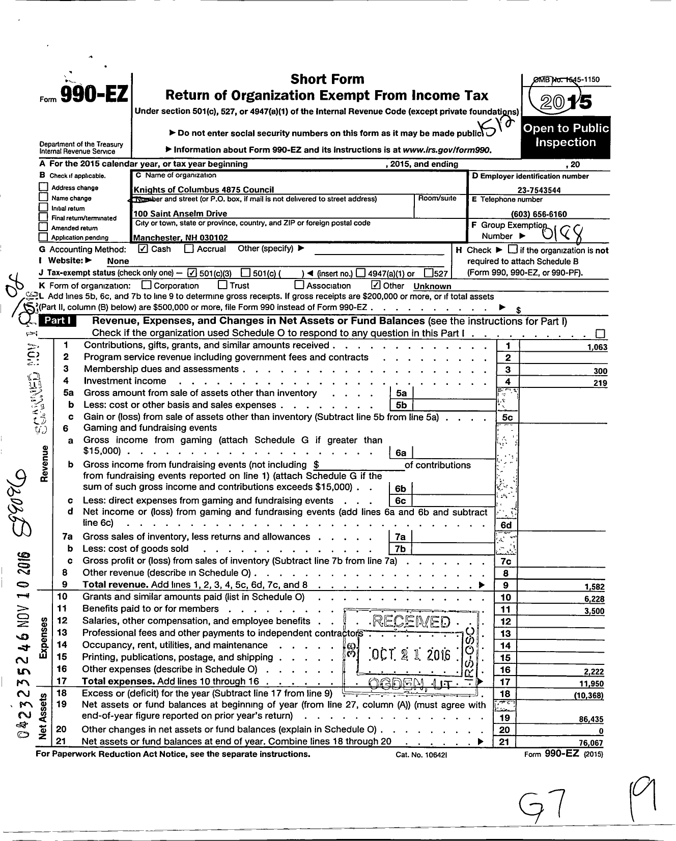 Image of first page of 2015 Form 990EZ for Knights of Columbus - 4875 Council St Anselms College