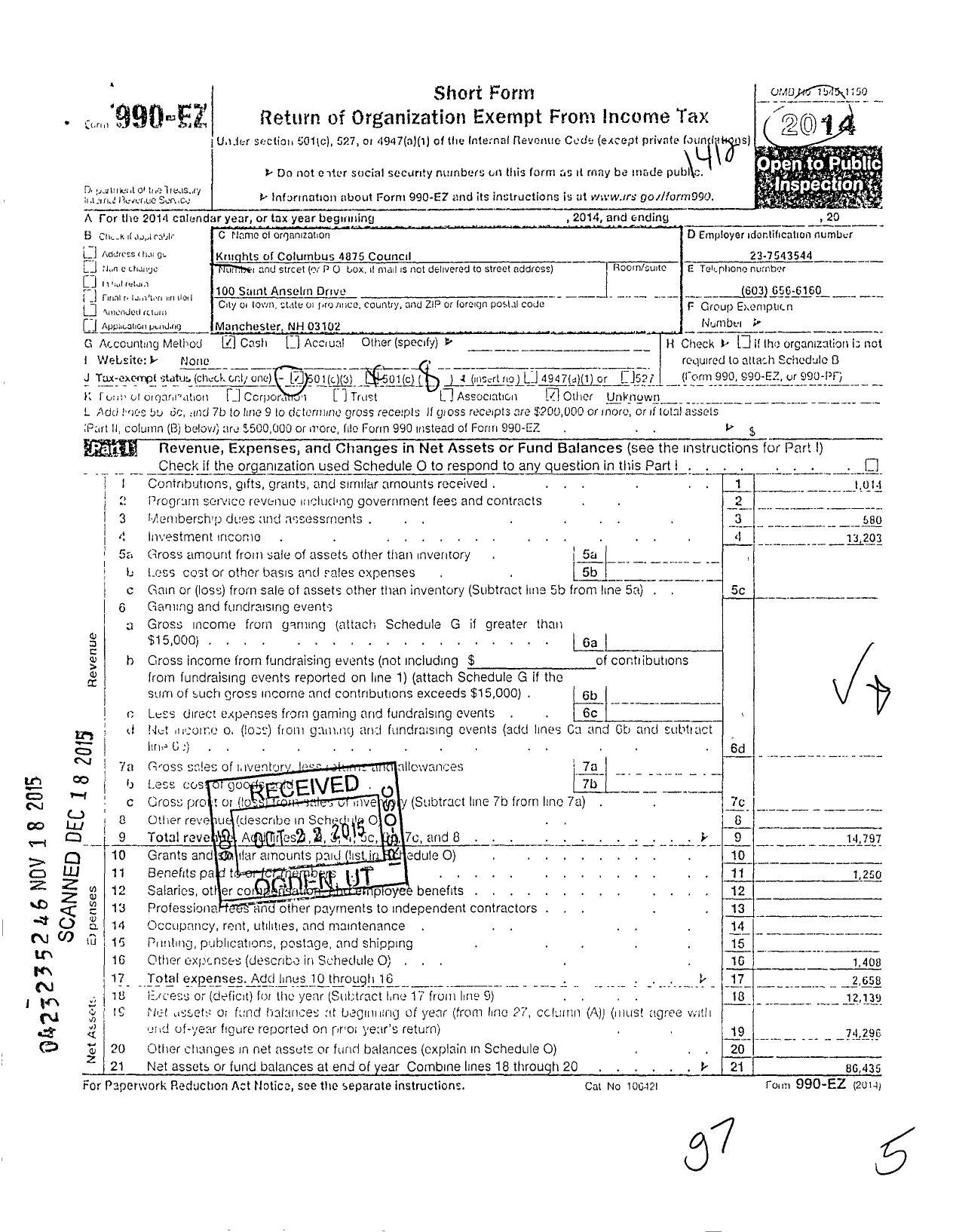 Image of first page of 2014 Form 990EO for Knights of Columbus - 4875 Council St Anselms College