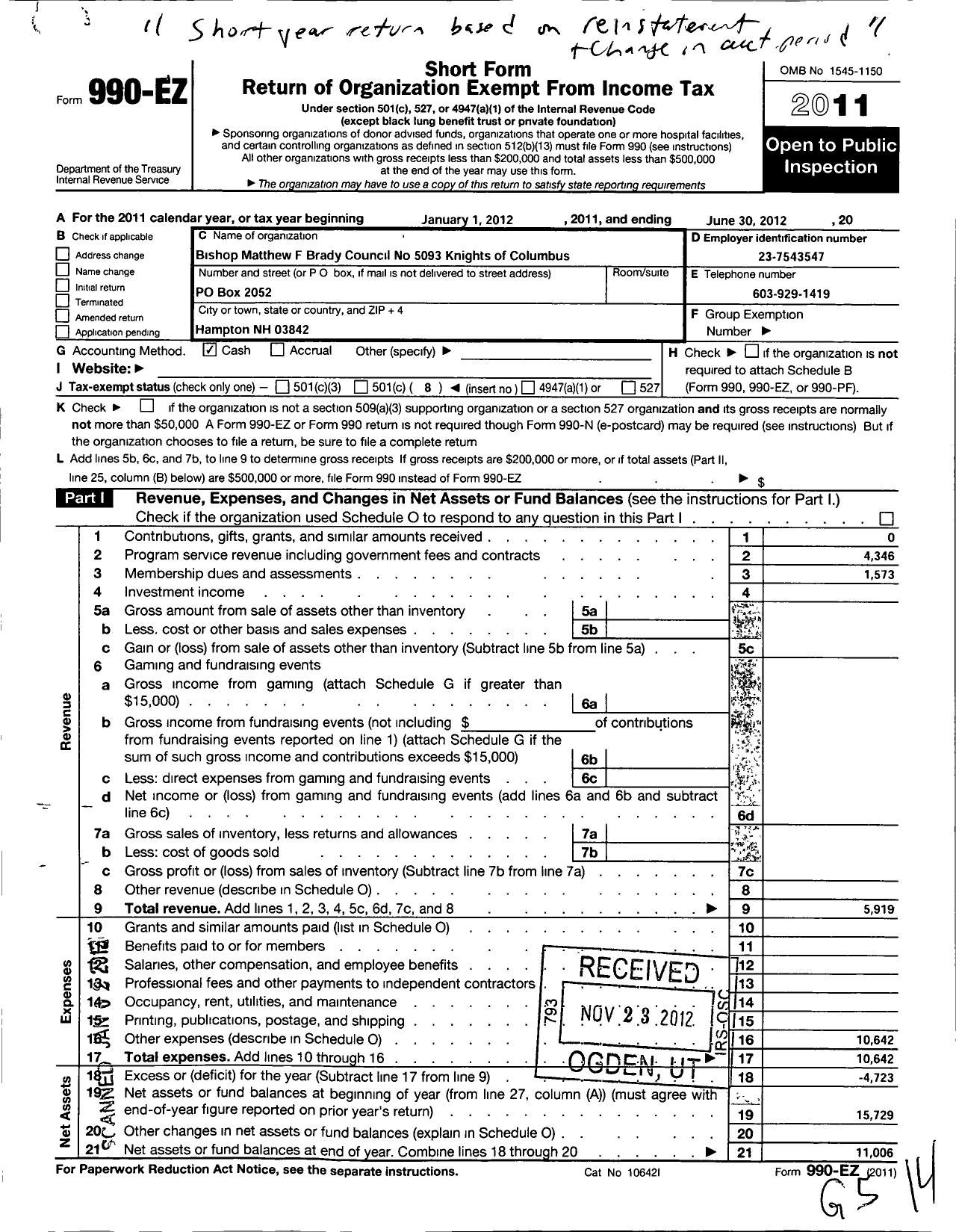 Image of first page of 2011 Form 990EO for Bishop Matthew F Brady Council No 5093 Knights of Columbus