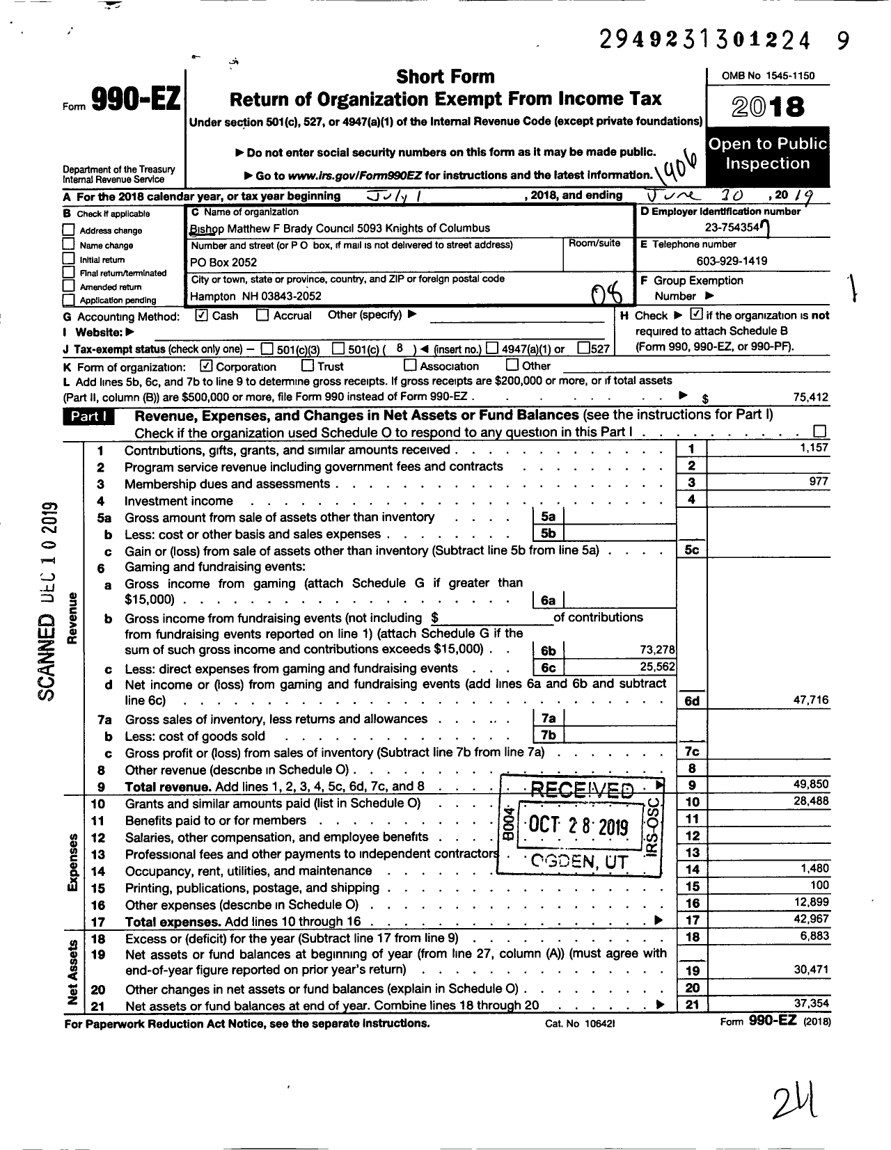 Image of first page of 2018 Form 990EO for Bishop Matthew F Brady Council No 5093 Knights of Columbus