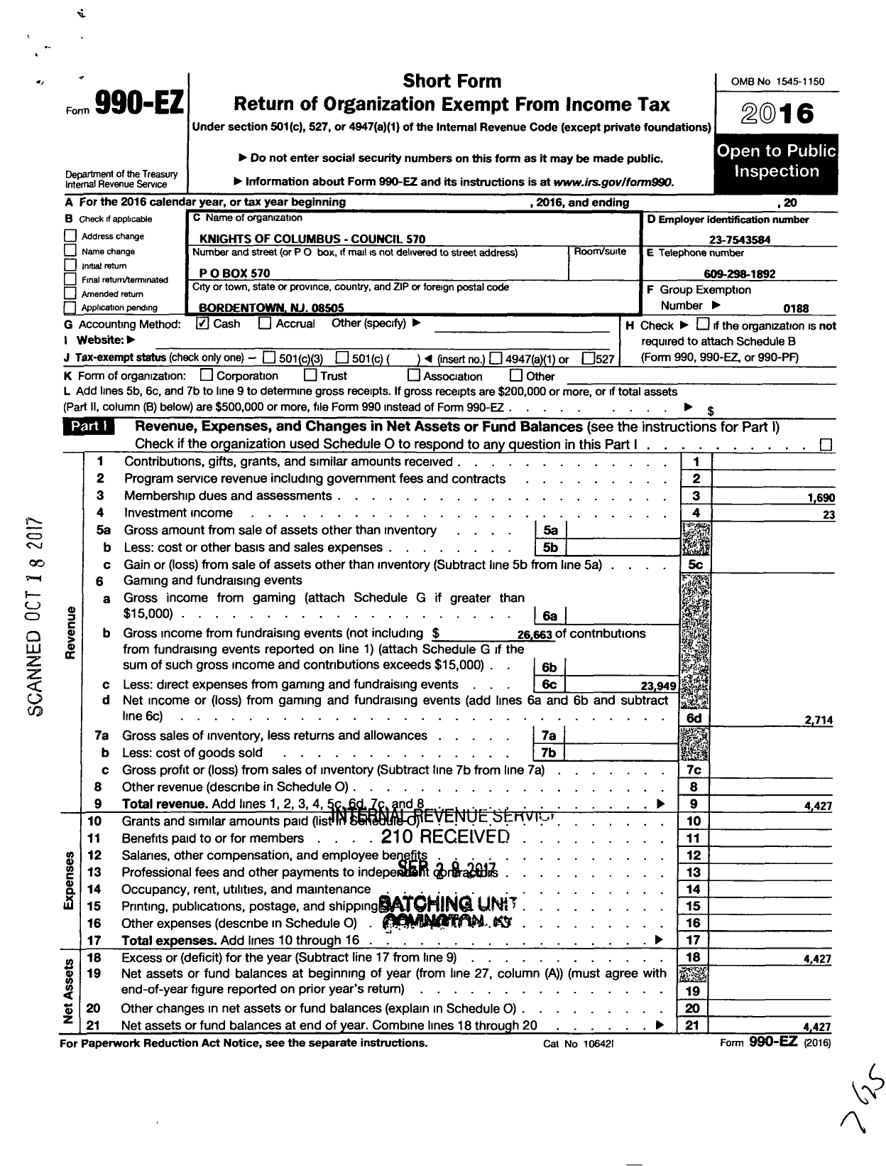 Image of first page of 2016 Form 990EO for Knights of Columbus - Bordentown Council 570