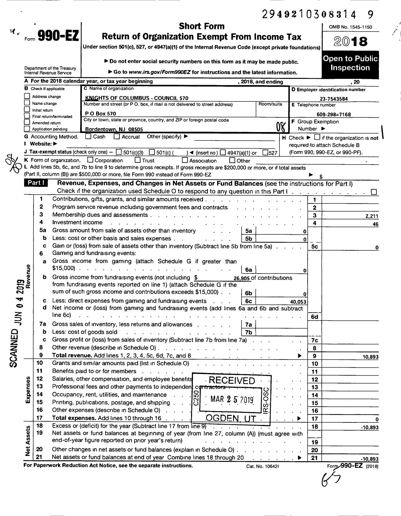 Image of first page of 2018 Form 990EO for Knights of Columbus - Bordentown Council 570